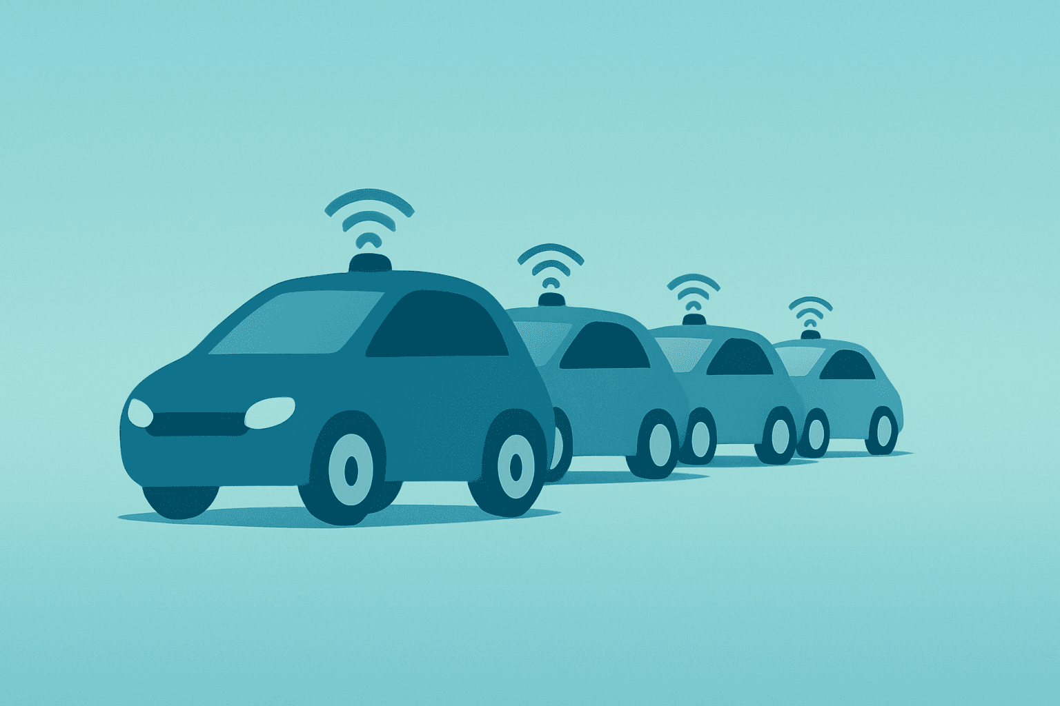 Flat vector robotaxi car with repeating silhouettes symbolizing Tesla robotaxi Austin doubling fleet.