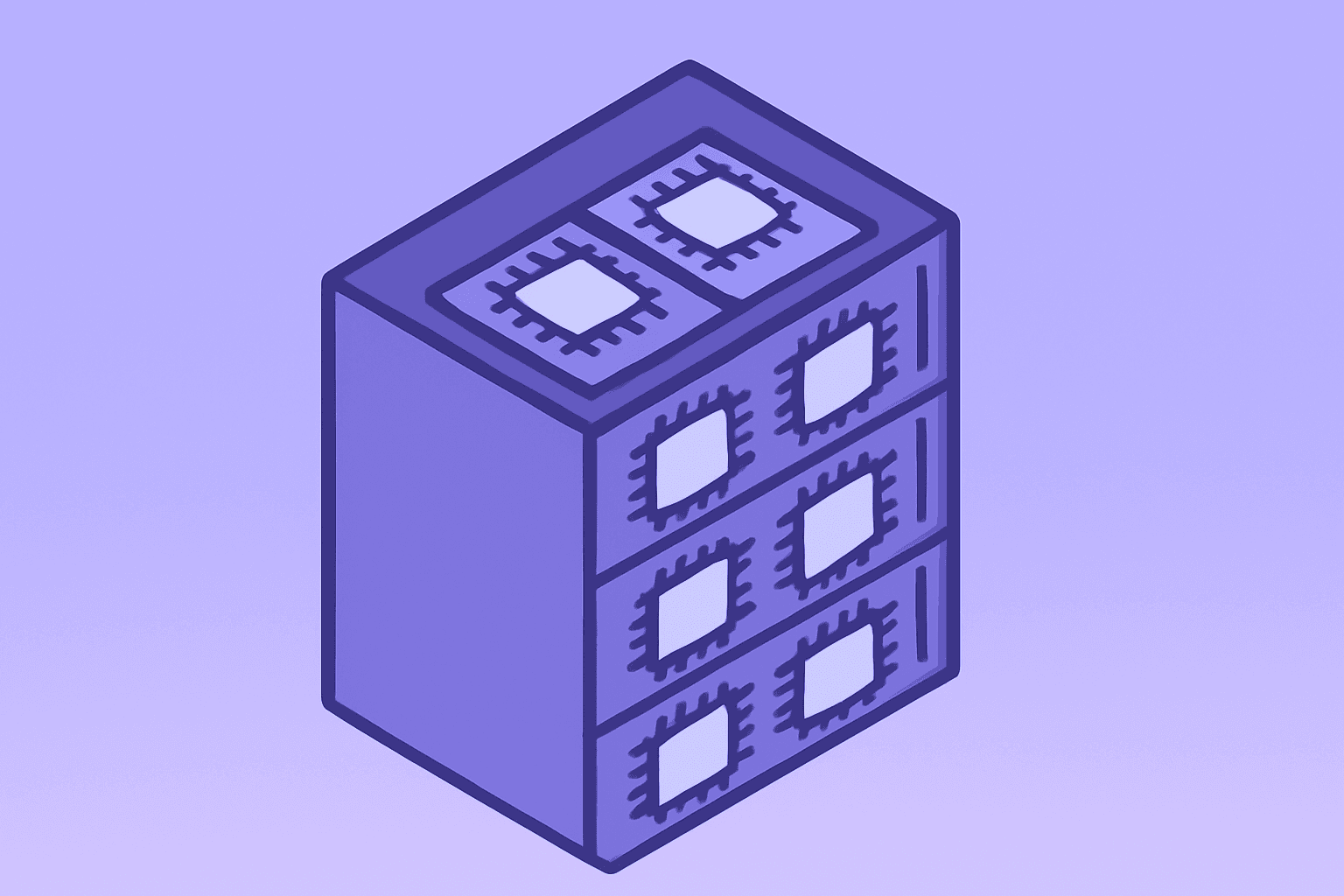 Flat vector of a server rack packed with chip modules evoking constrained CPU supply and pricing power after AMD stock upgrade.