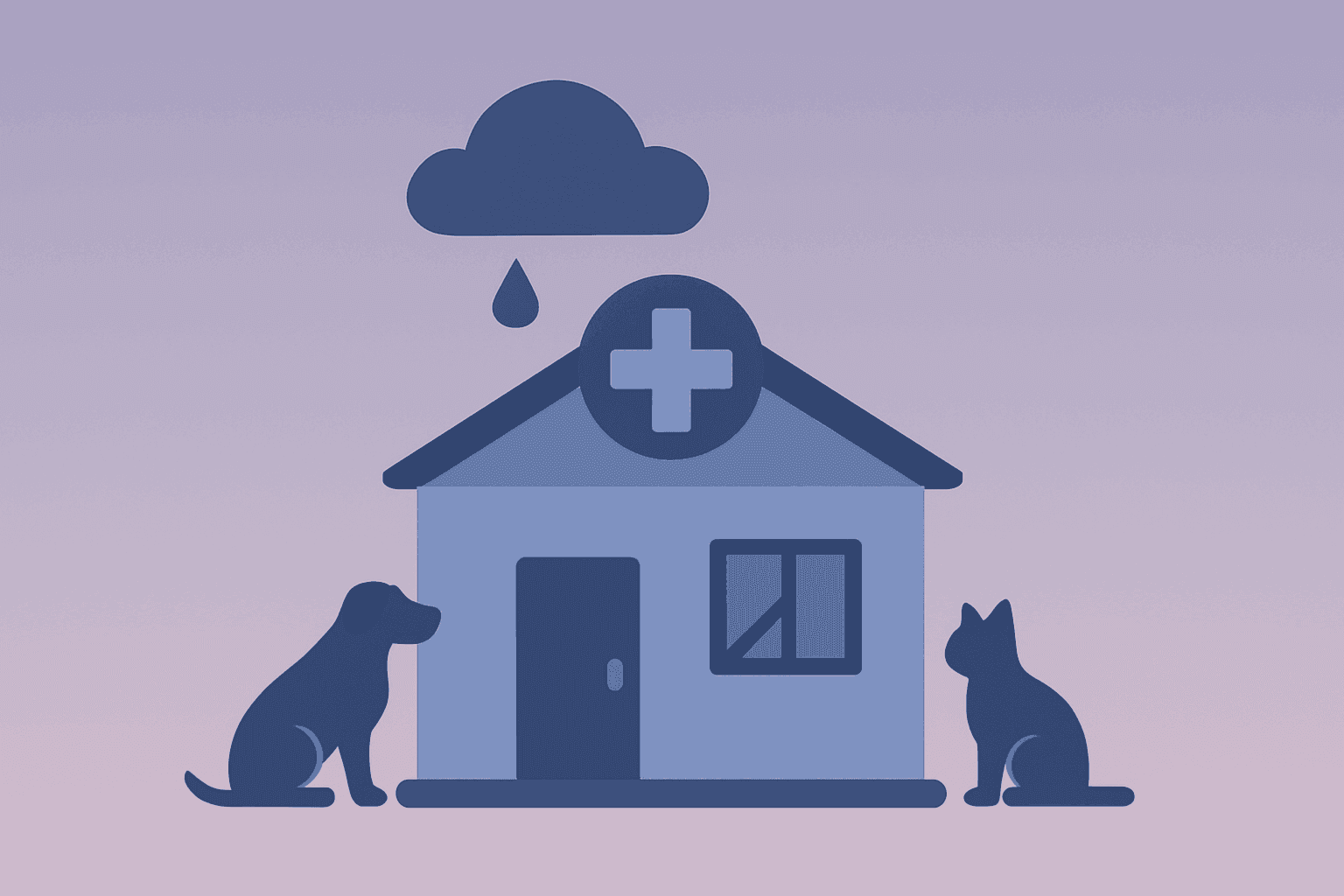 Flat vector showing a veterinary clinic with dimming light motif to reflect Zoetis earnings and guidance cut.