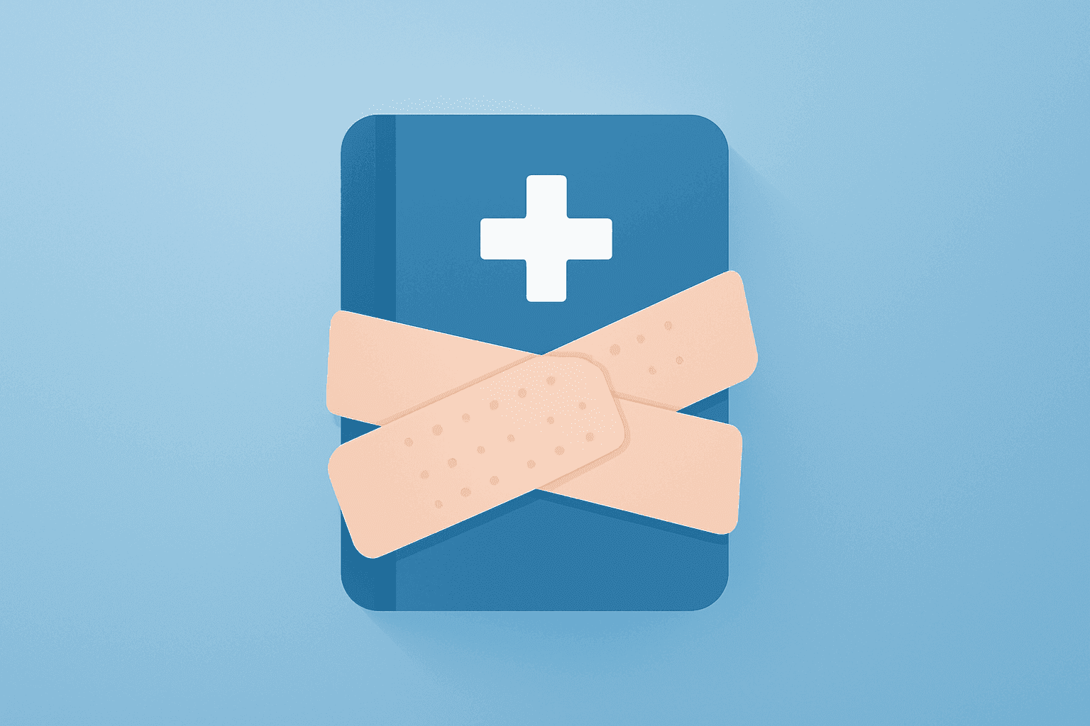Flat vector of a medical ledger wrapped in a bandage signaling UnitedHealth Q1 earnings momentum with subtle shadow lift.