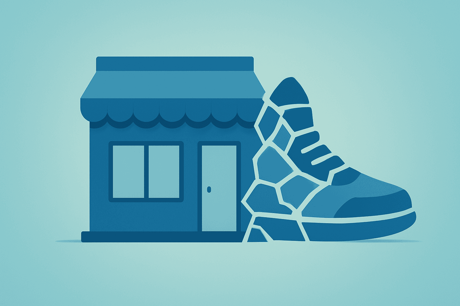 Flat vector retail-store icon fused with a fragmented sneaker box to reflect Dick's Sporting Goods earnings and integration
