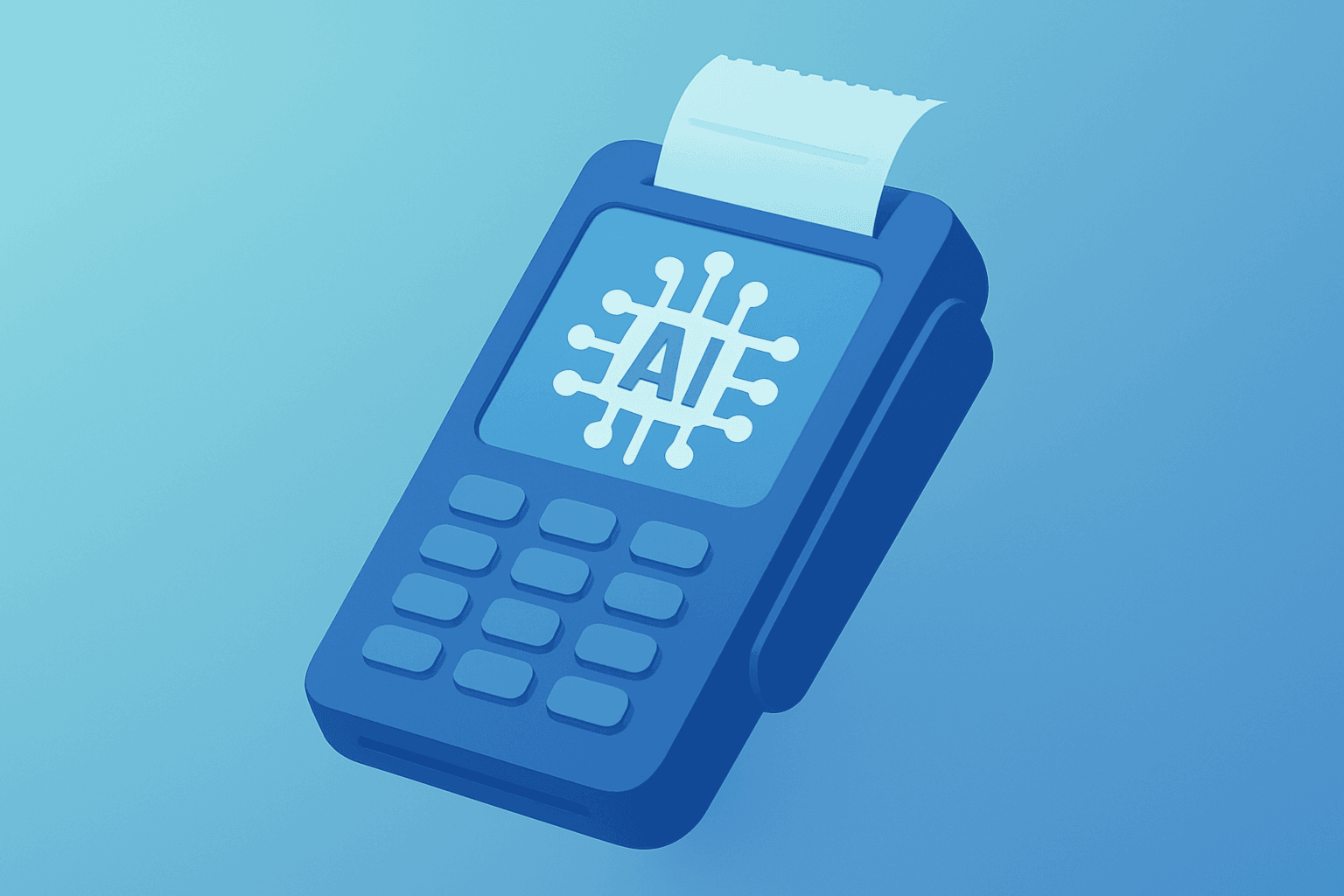 Flat vector of a checkout terminal with consolidating AI circuit symbolizing PayPal earnings reorganization and $1.5B AI cuts.