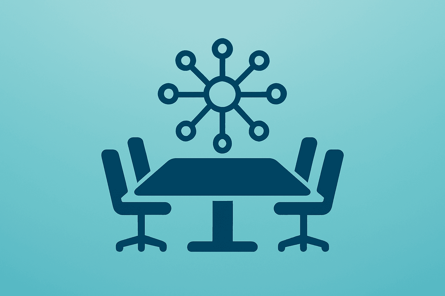 Flat filled vector of a conference table fused with a neural hub symbolizing Atlassian layoffs and an AI pivot.