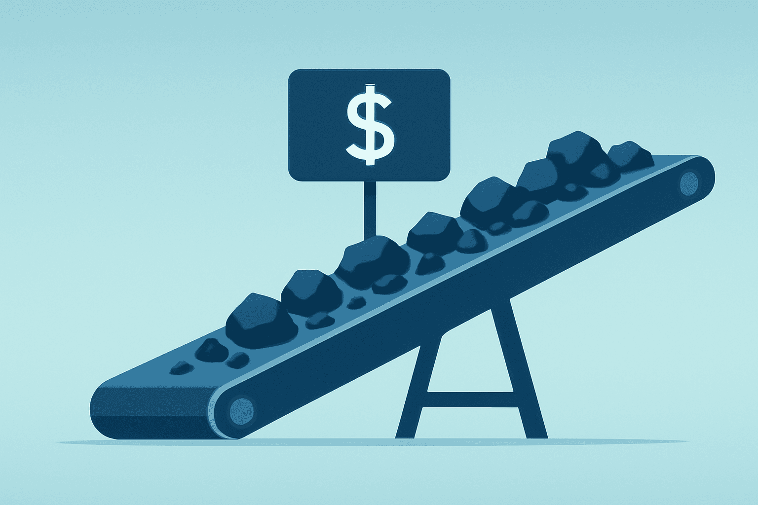 Flat vector of an ore conveyor expanding under federal funding to illustrate USA Rare Earth funding and scale-up.