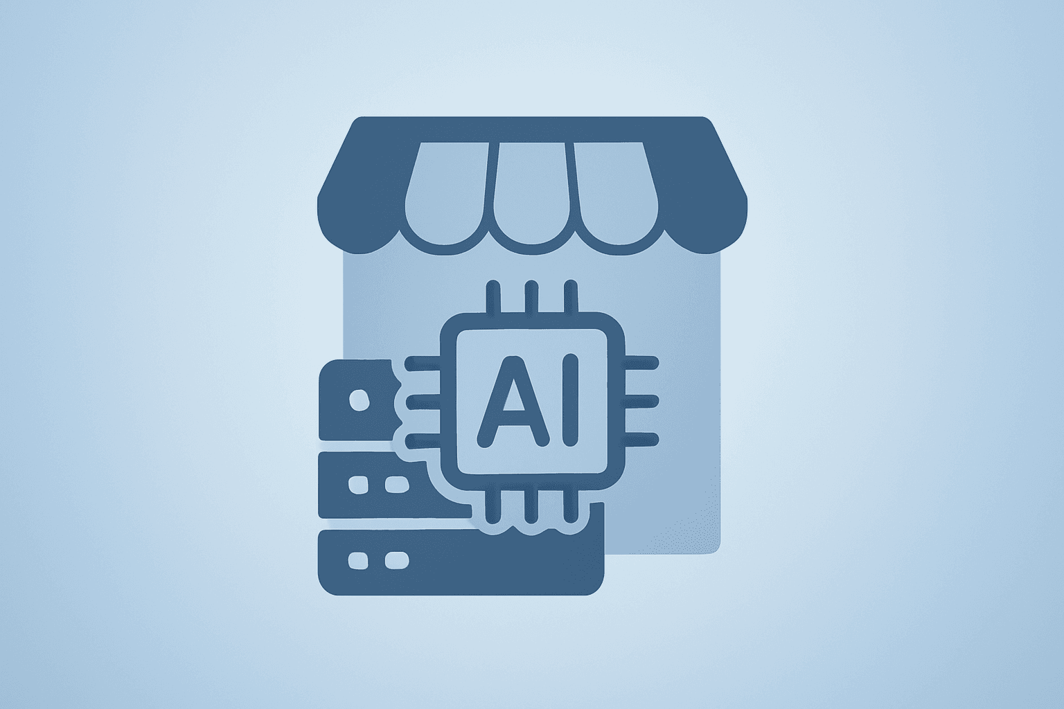 Flat filled vector of a data rack crowned with storefront tiles showing Google Gemini 3 in Search and paid APIs.