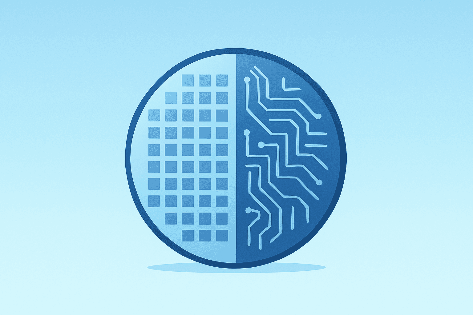Flat vector of an advanced chip wafer with contrasting finishes symbolizing Intel vs TSMC supply competition.