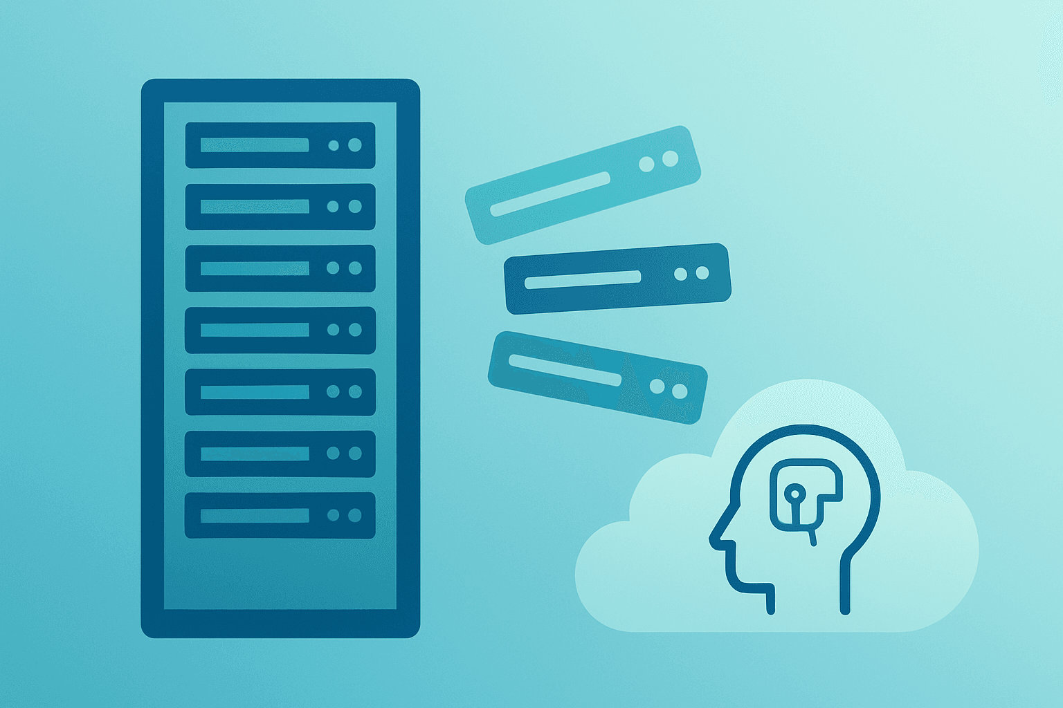 Flat vector cover of a server stack with trimmed tiers suggesting Amazon layoffs and a shift toward AI and cloud.