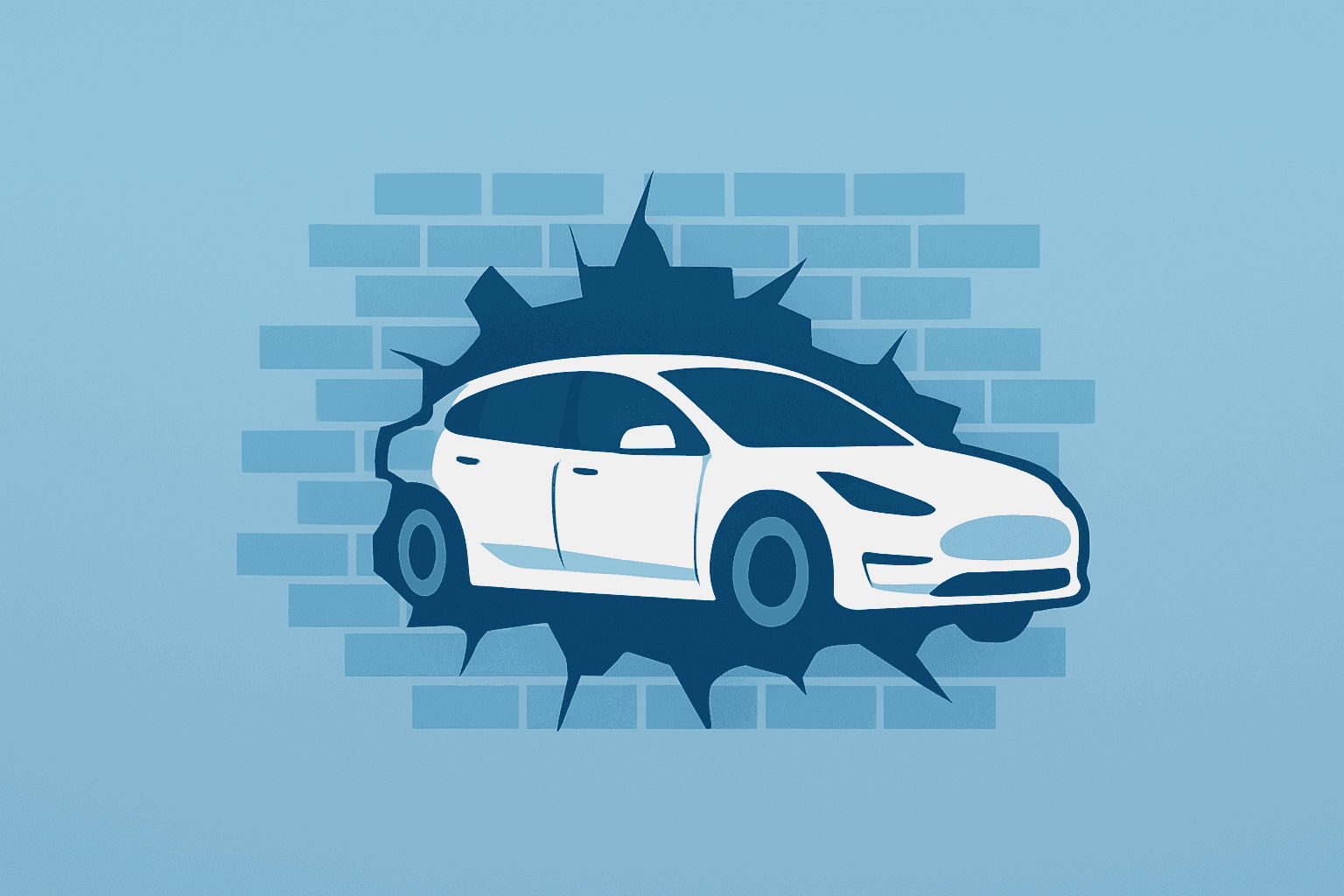 Flat vector of an electric sedan with a fractured front and a crumbled brick facade, evoking the NHTSA Tesla Autopilot Probe.