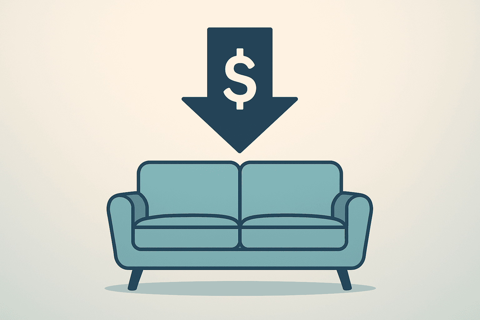 Flat-vector luxury showroom sofa under investment strain, symbolizing RH earnings miss and leverage pressure in minimalist style