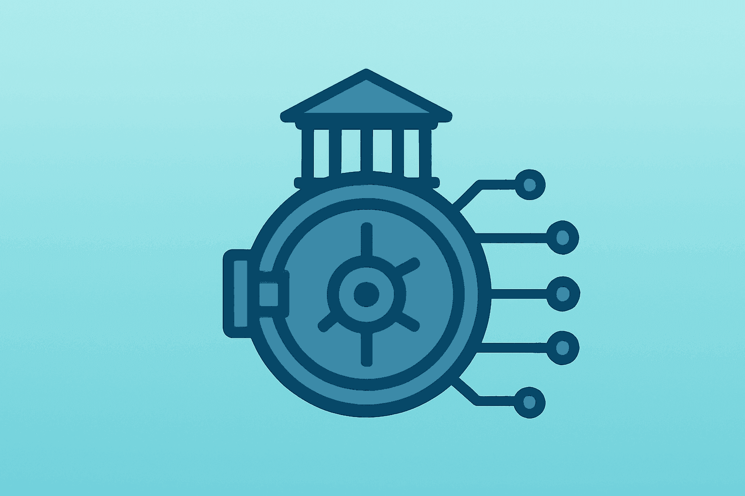 Flat filled vector of a bank vault merged with a digital coin, symbolizing Circle OCC approval and USDC reserve custody.