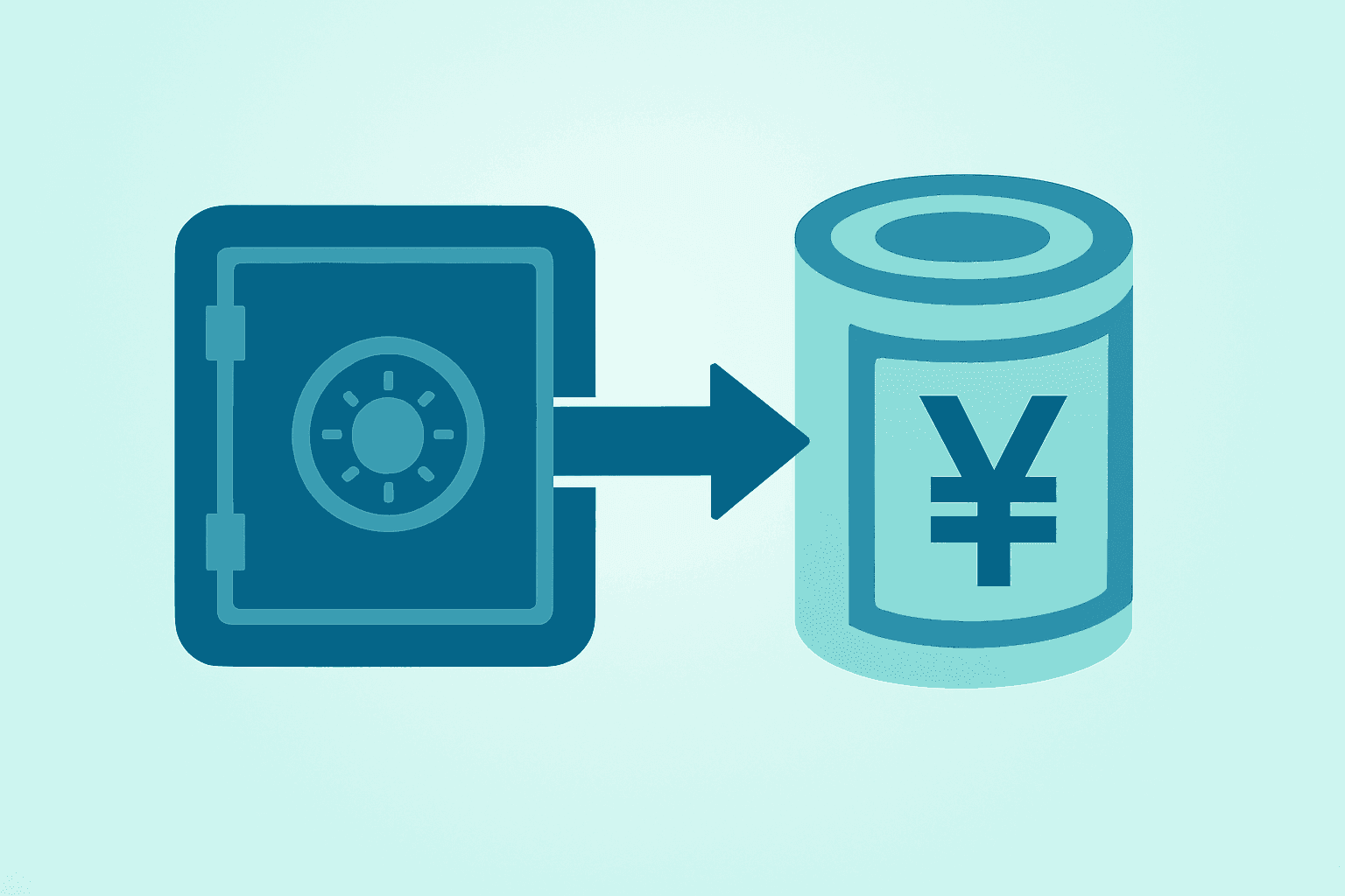Flat filled vector of a vault funneling dollars into a yen knot to symbolize U.S.-Japan yen intervention coordination