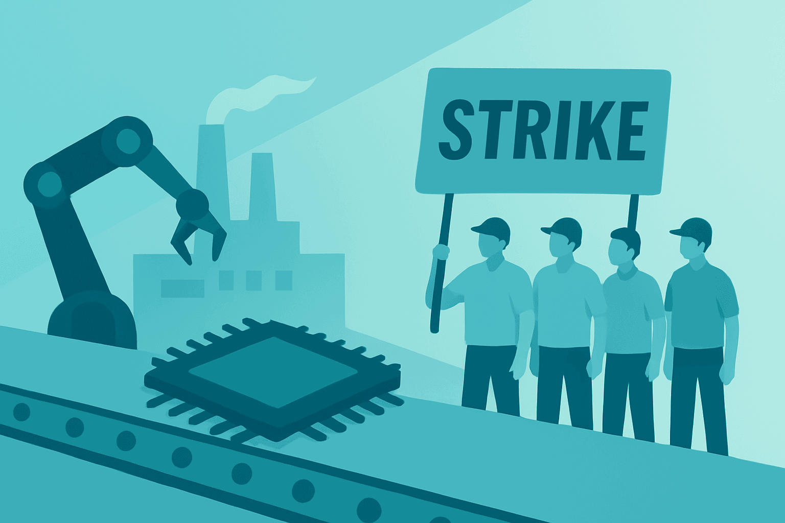 Centered flat-vector chip fab with a stalled production line, conveying the Samsung strike threat to device and chip output.