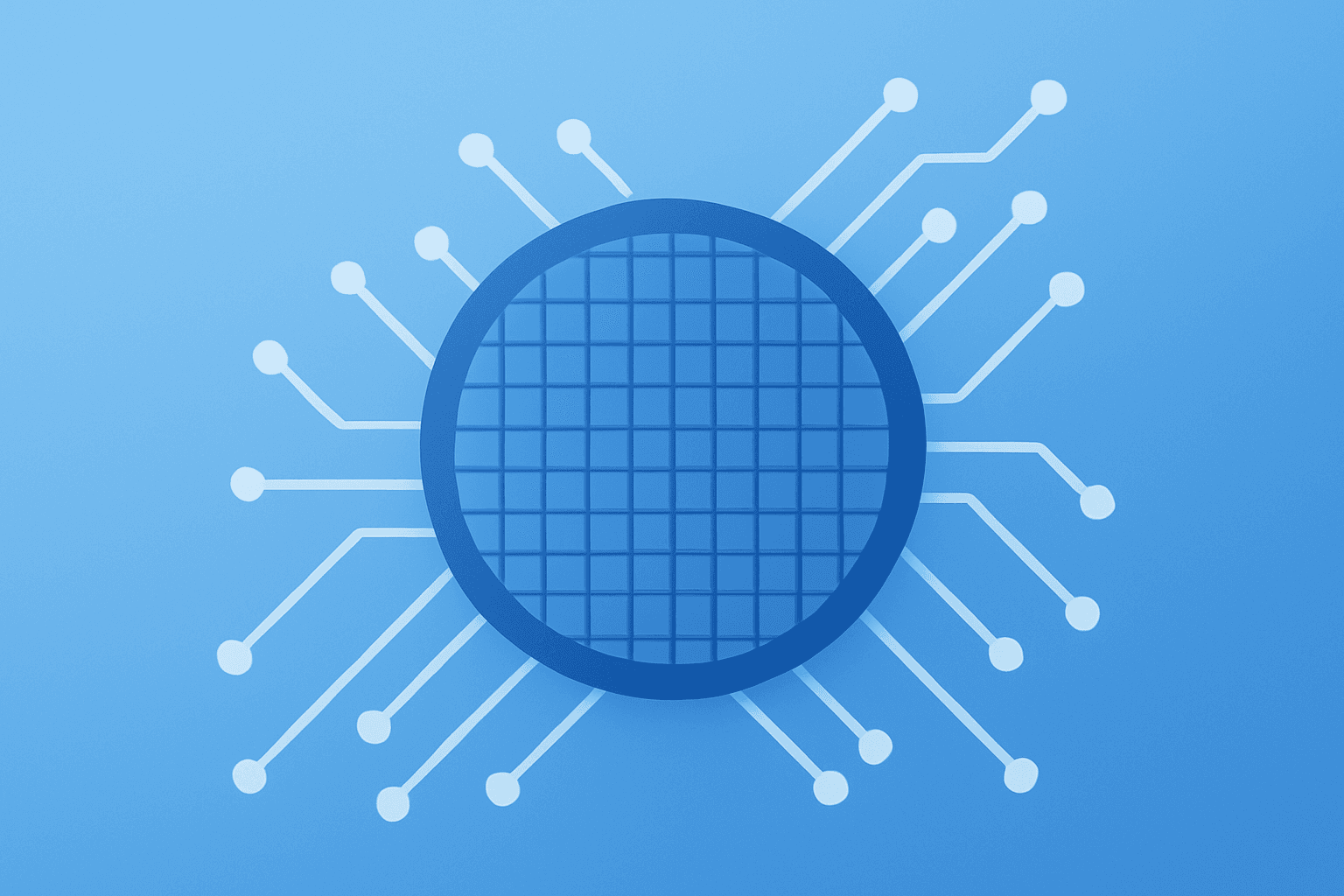 Flat filled vector of a server chip with expanding AI circuits illustrating AMD Q4 earnings preview and data-center momentum.