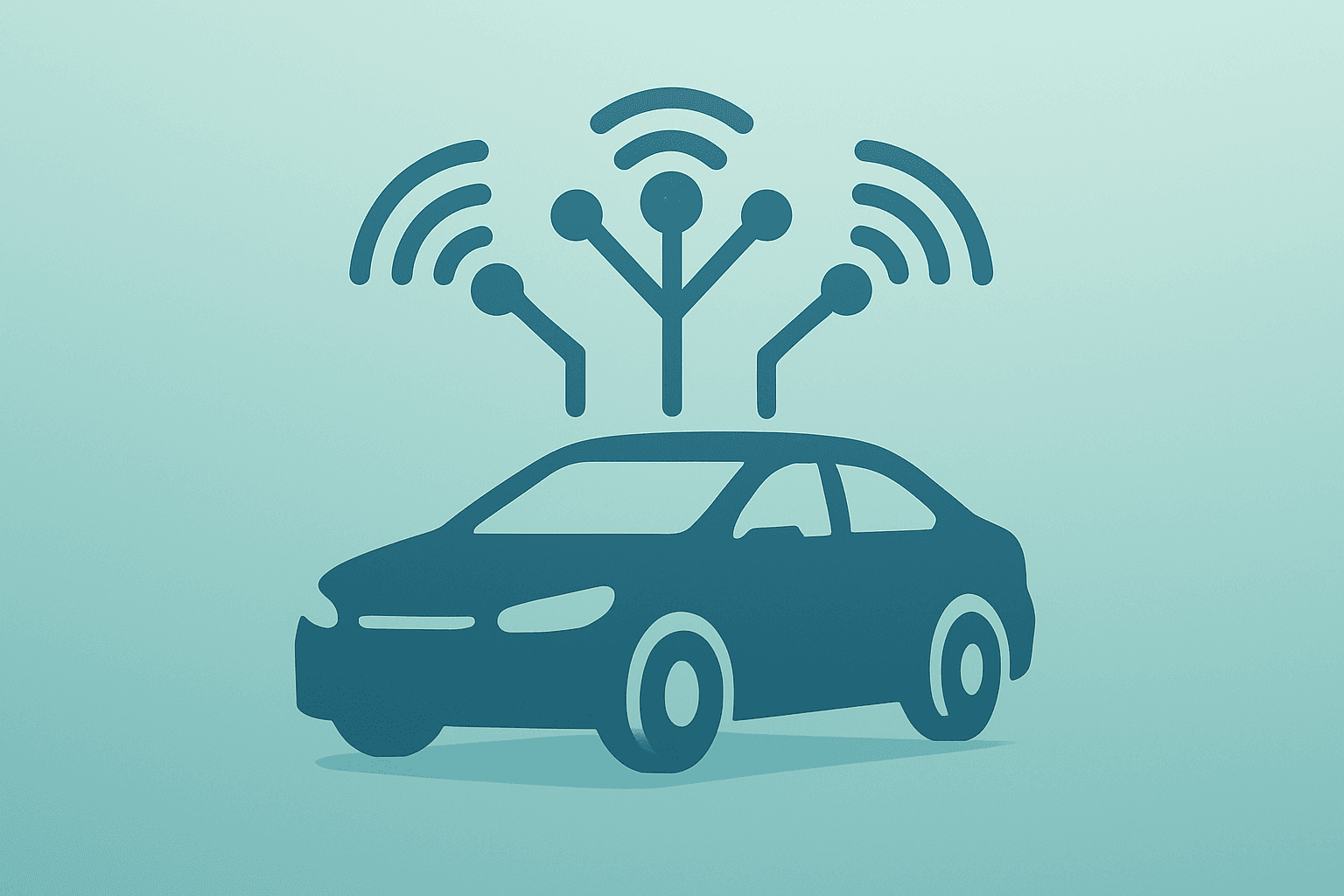 Flat filled vector of a car module with expanding circuits to symbolize Waymo funding round and market expansion.