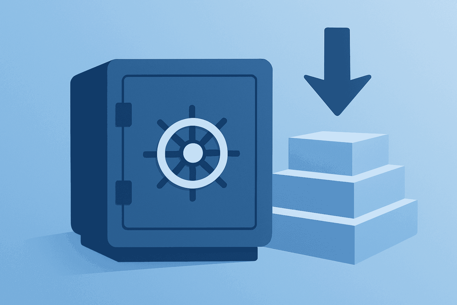 Flat-vector bank vault with shrinking server to symbolize buyback, job cuts and capital tradeoffs tied to Barclays Q3 profit