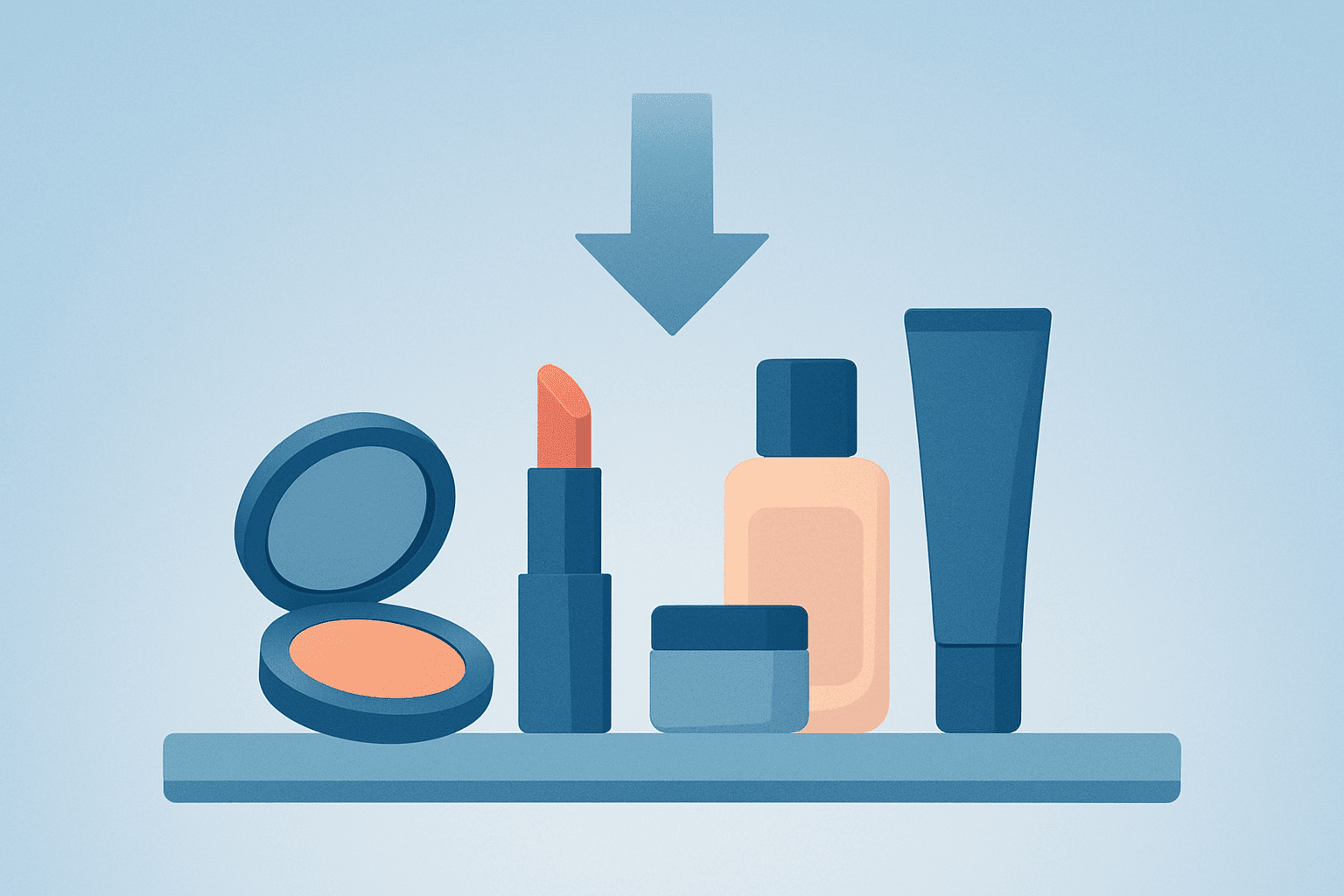 Flat vector cosmetics display under dimming light representing Ulta Beauty earnings focus on sales and margins.