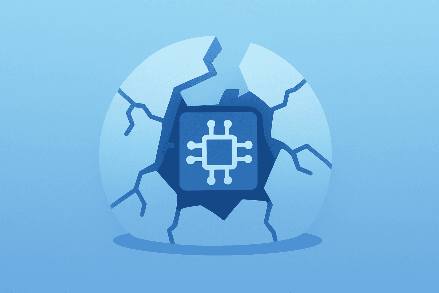 Flat vector of a fractured chip vault symbolizing stocks plunge amid AI bubble with clean negative space and subtle shadow.