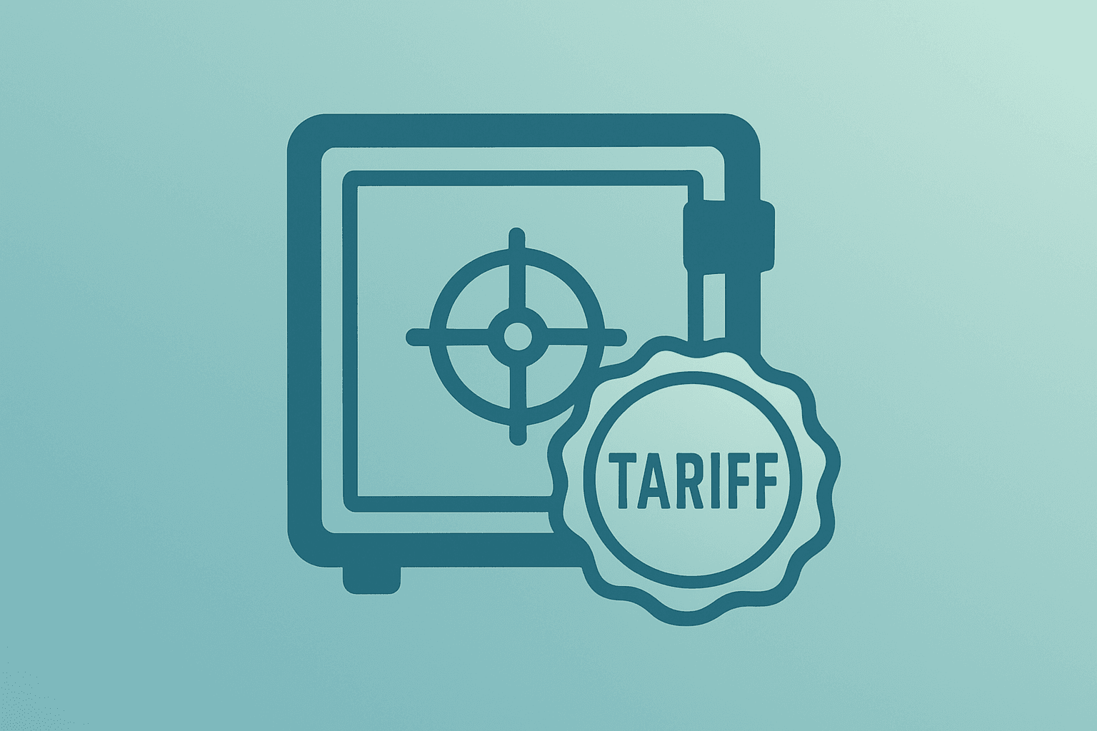 Flat vector of a sealed customs vault with a tariff stamp, centered and spare, evoking U.S. tariffs and the Turnberry pause.
