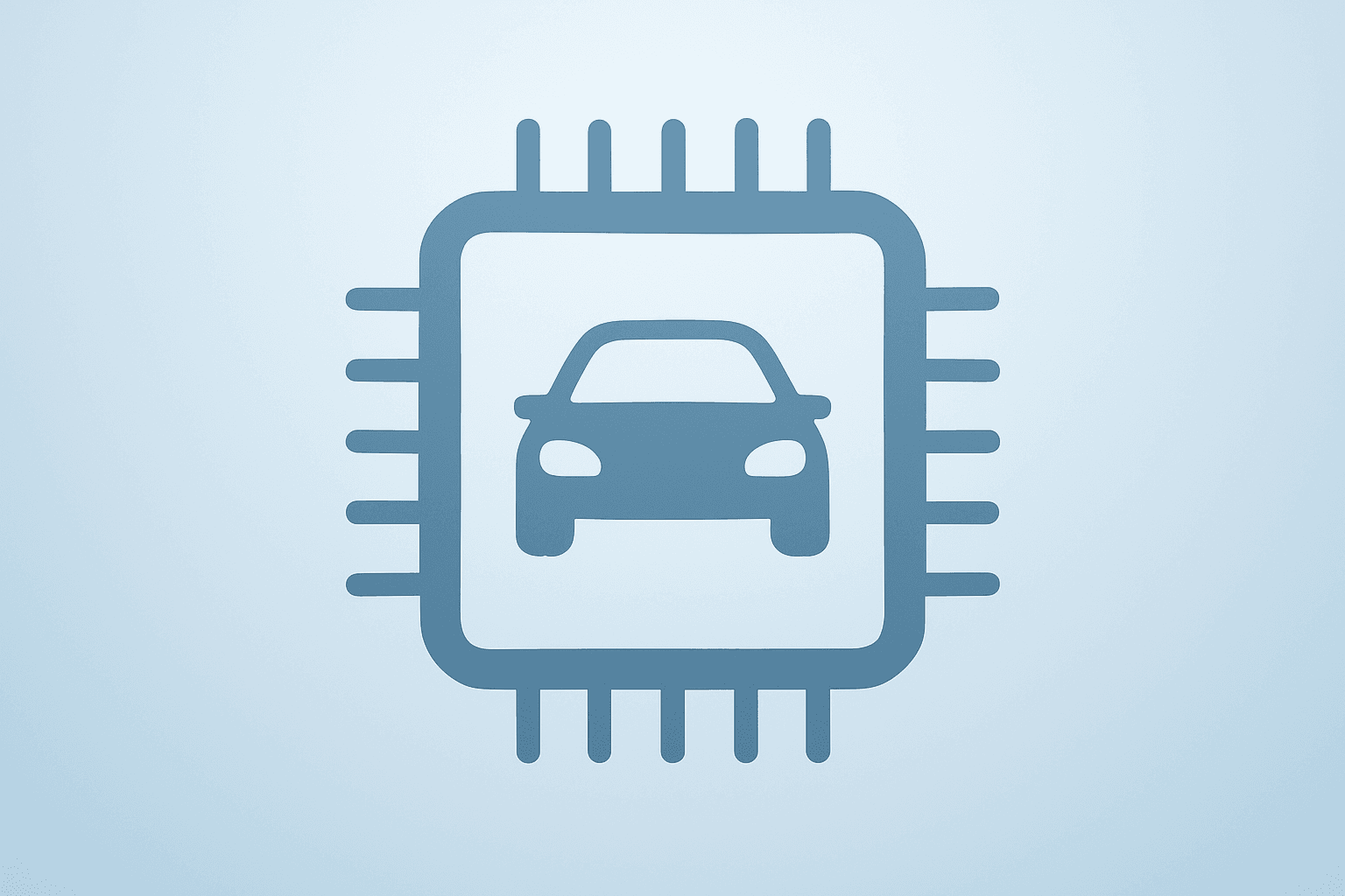 Centered flat vector of a semiconductor chip fused with a car module to reflect NXP earnings focus on automotive AI.