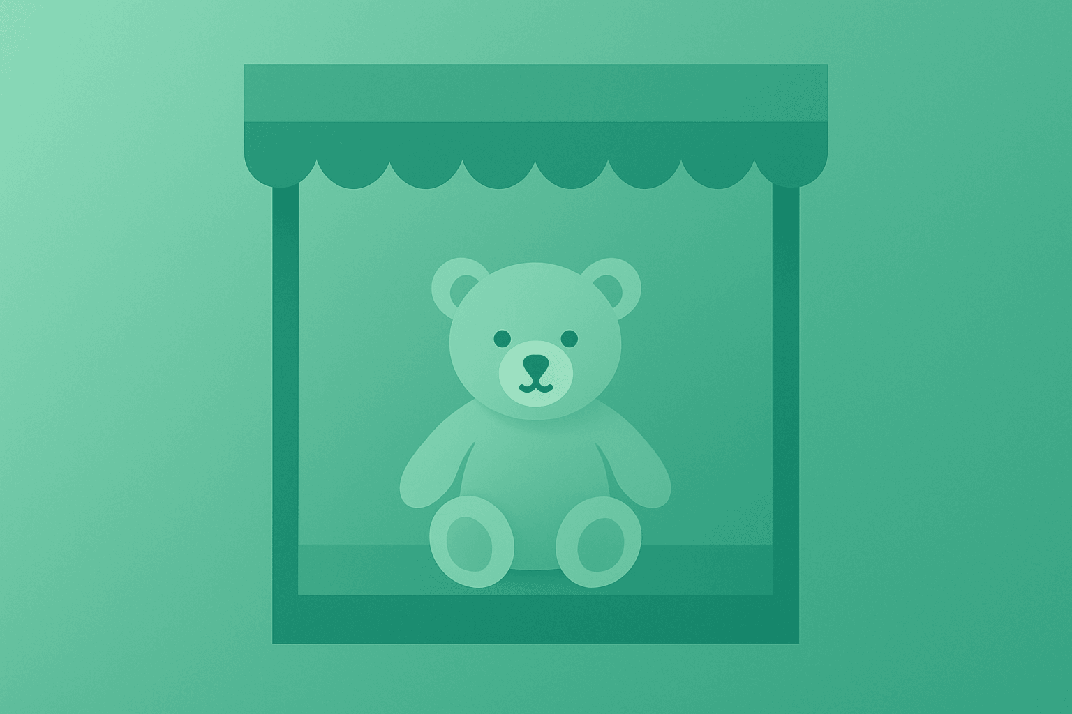 Flat filled vector of a lone stuffed bear before a dim storefront, symbolizing Build-A-Bear cuts outlook and guidance cut.