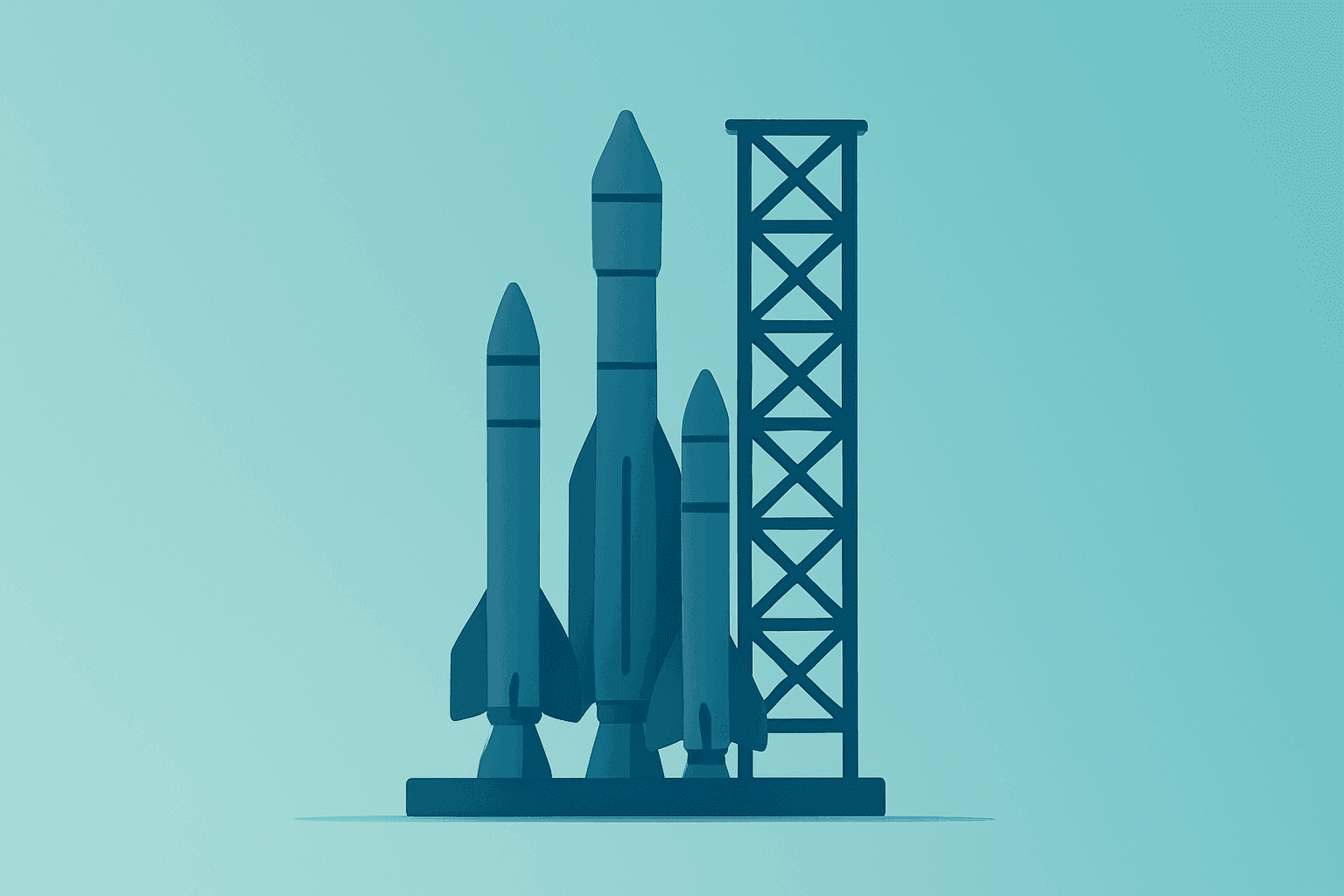 Flat vector illustration of a Starship launch hub concept symbolizing Starbase Louisiana's scale and capacity.