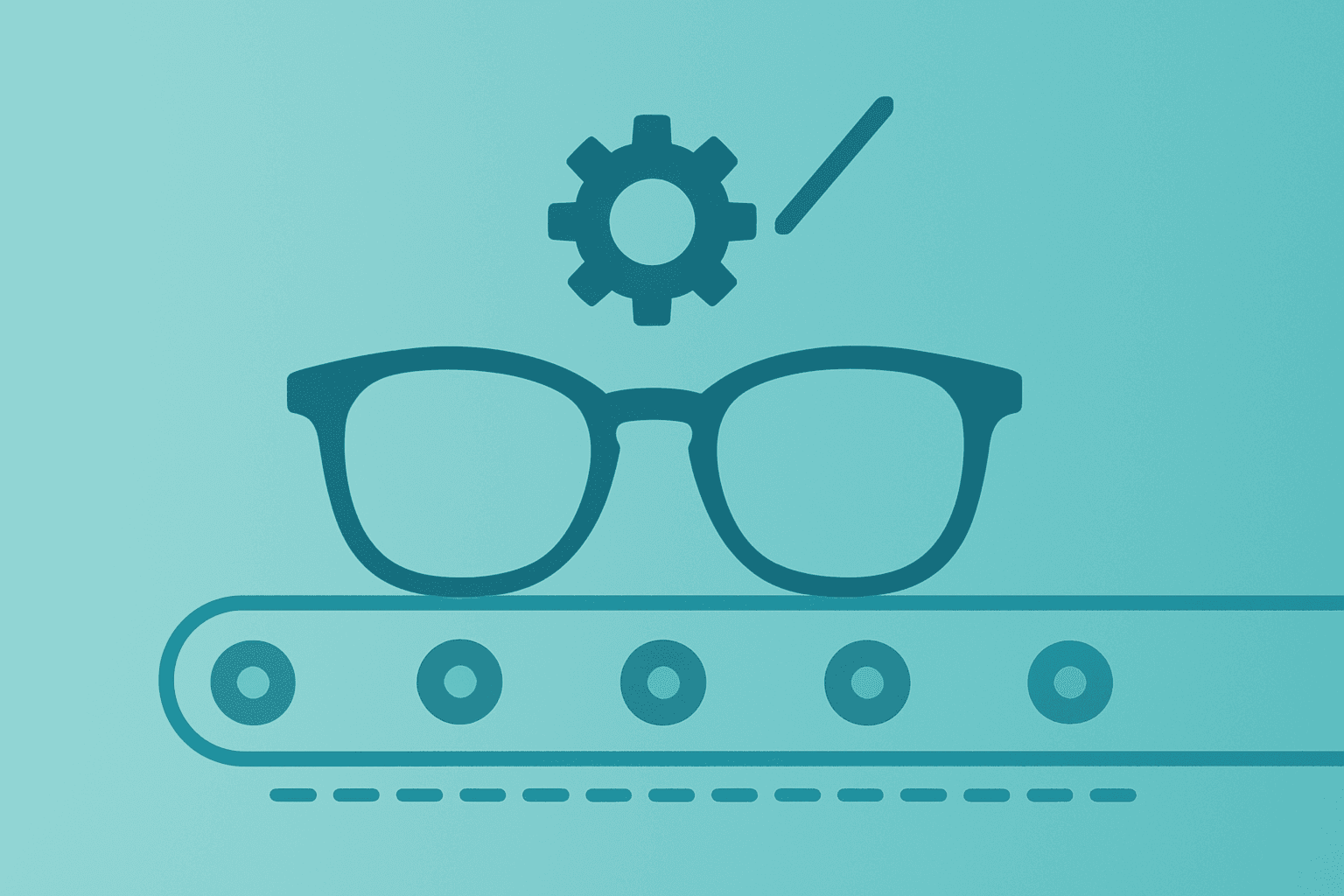 Flat vector of a stylized eyeglass frame stalled on a halted assembly line to symbolize Meta delays Ray-Ban glasses launch.