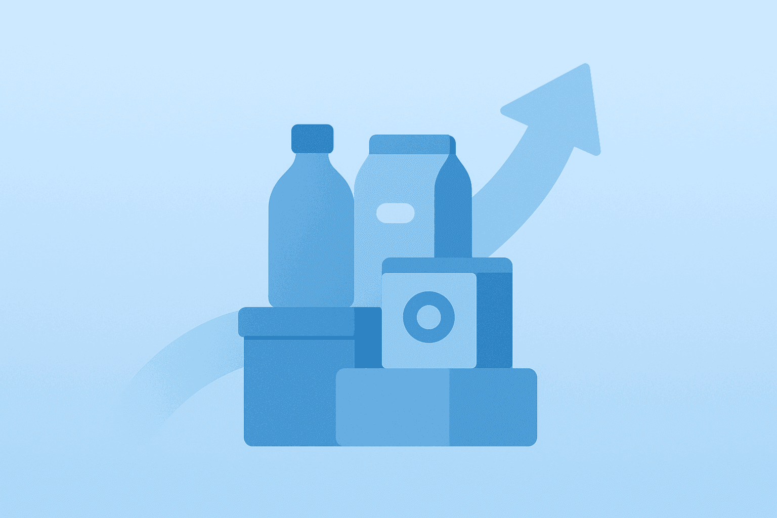 Flat-vector stacked consumer products with a widening margin band, representing Helen of Troy earnings and tariff refunds.
