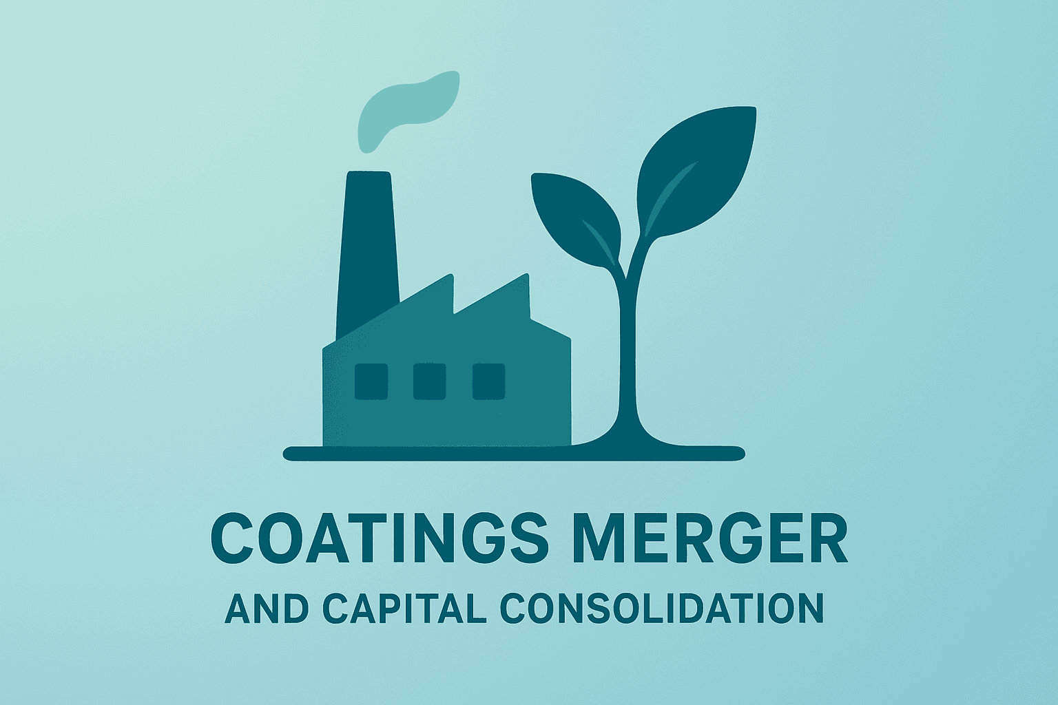 Flat-vector paint factory merging into single plant to symbolize AkzoNobel Axalta merger and capital structure consolidation.
