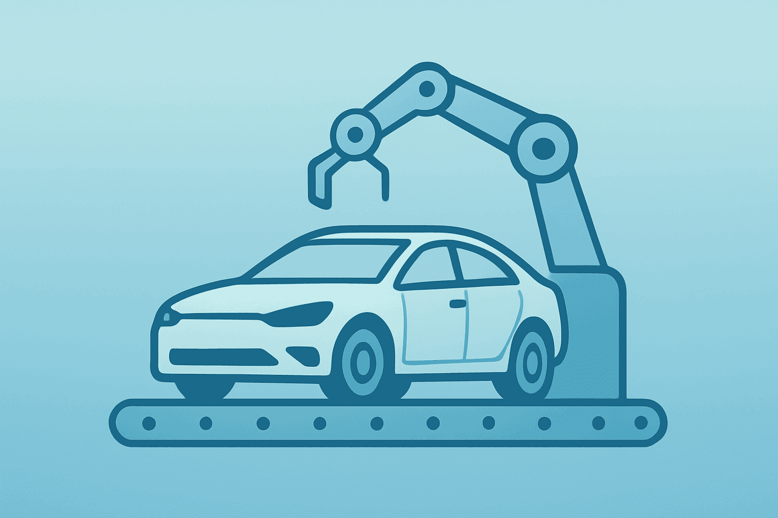 Flat-vector of an idle EV assembly line with a halted car shell, symbolizing Lucid layoffs and restructuring at AMP