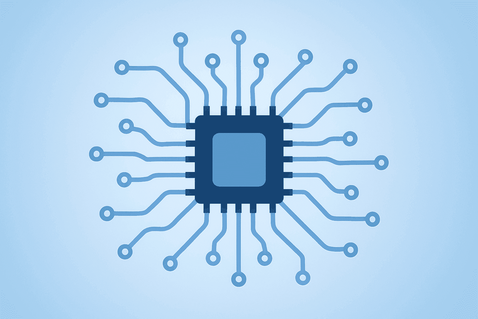 Flat filled vector of a server chip extending circuitry to symbolize Intel stock surge after Terafab and AI deals.