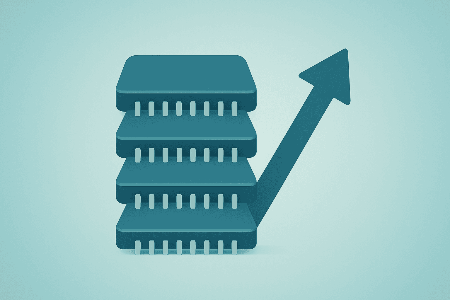 Flat-vector stacked memory chips expanding with subtle shadow lift representing Micron stock rally and HBM capacity.