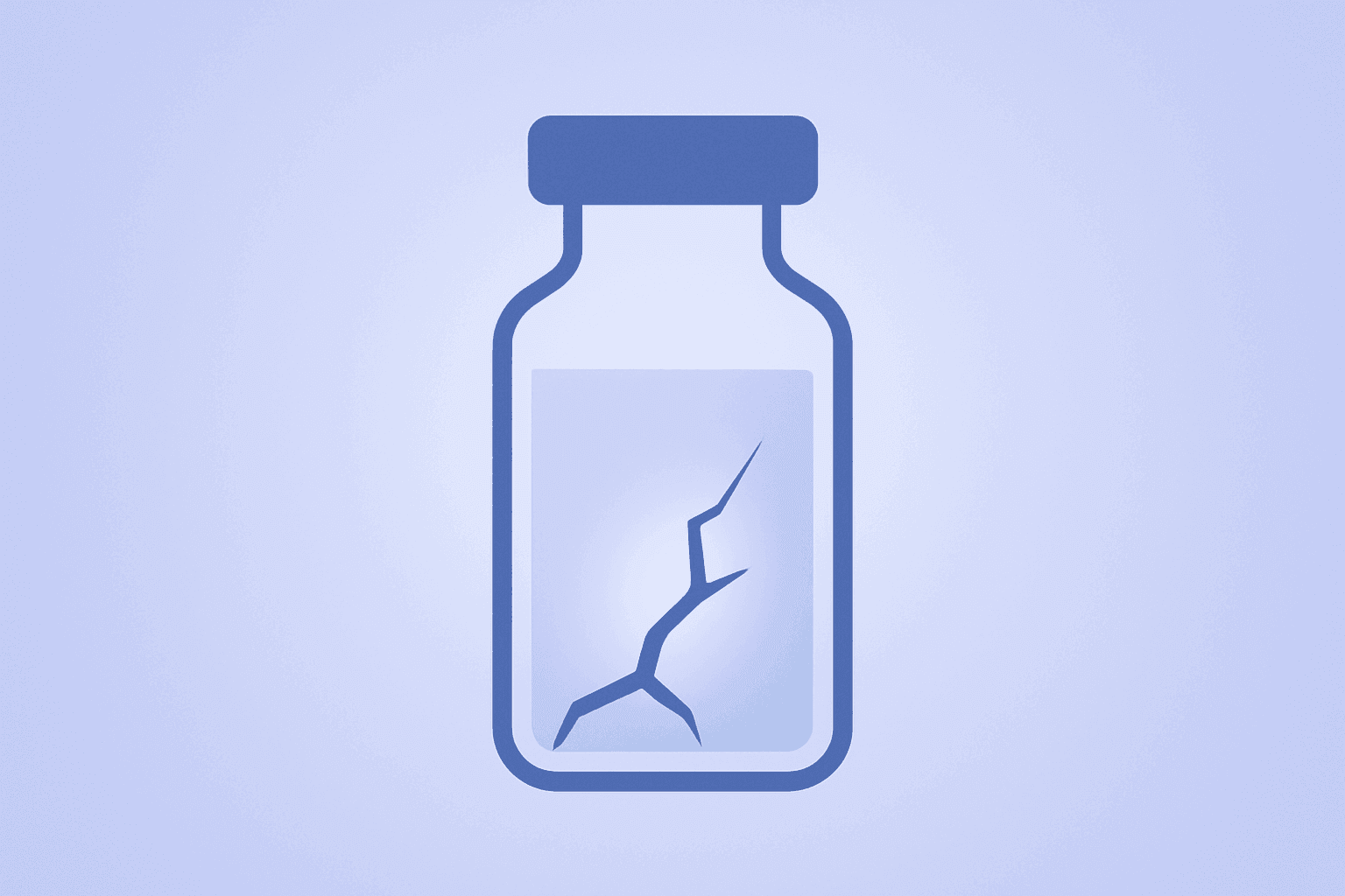 Flat filled vector of a lab vial with a fractured shell and fading light, evoking Novartis del-desiran trial failure.