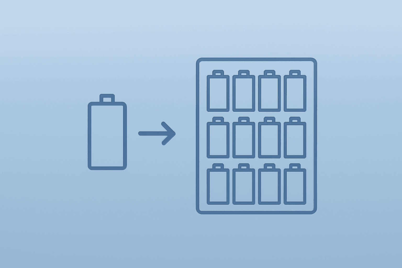 Flat centered vector of a battery cell stack expanding after QuantumScape Q1 Results, on a smooth slate-ice gradient.
