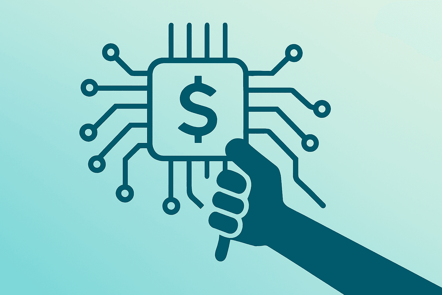 Flat vector of a chip and circuit merging to symbolize Elliott stake in Synopsys seeking higher monetization and margins.