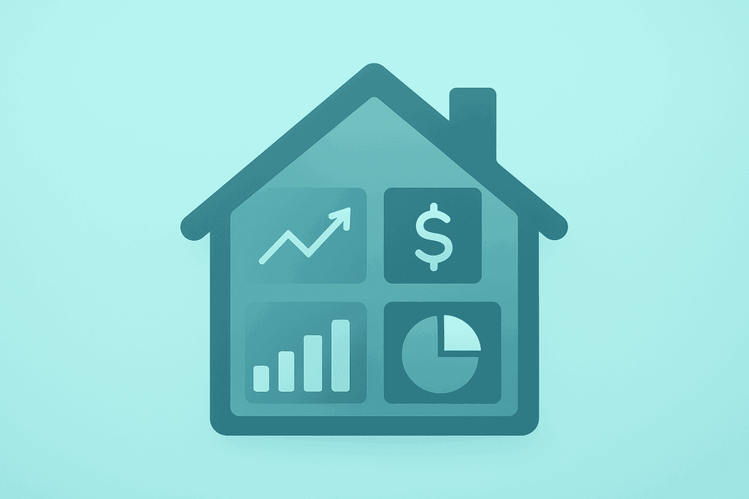 Flat vector of a house-shaped dashboard dimming panels to show Zillow earnings tension between profit and traffic.
