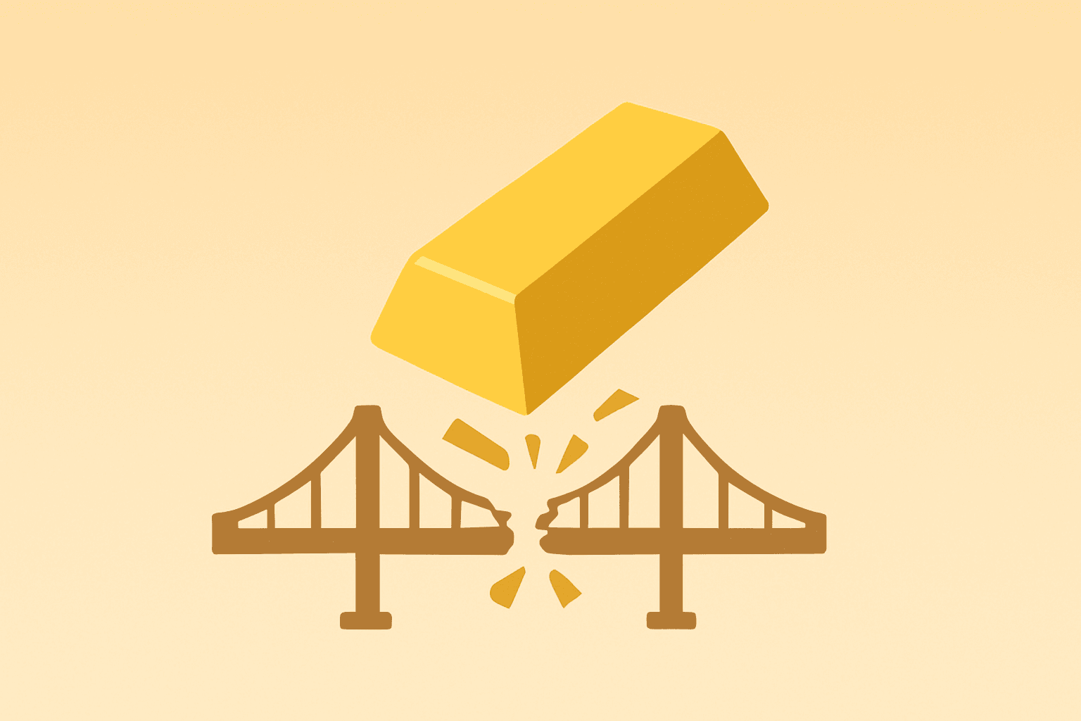 Flat filled vector of a bullion ingot meeting a cracked cargo hull to evoke Trump Greenland tariffs and gold demand.