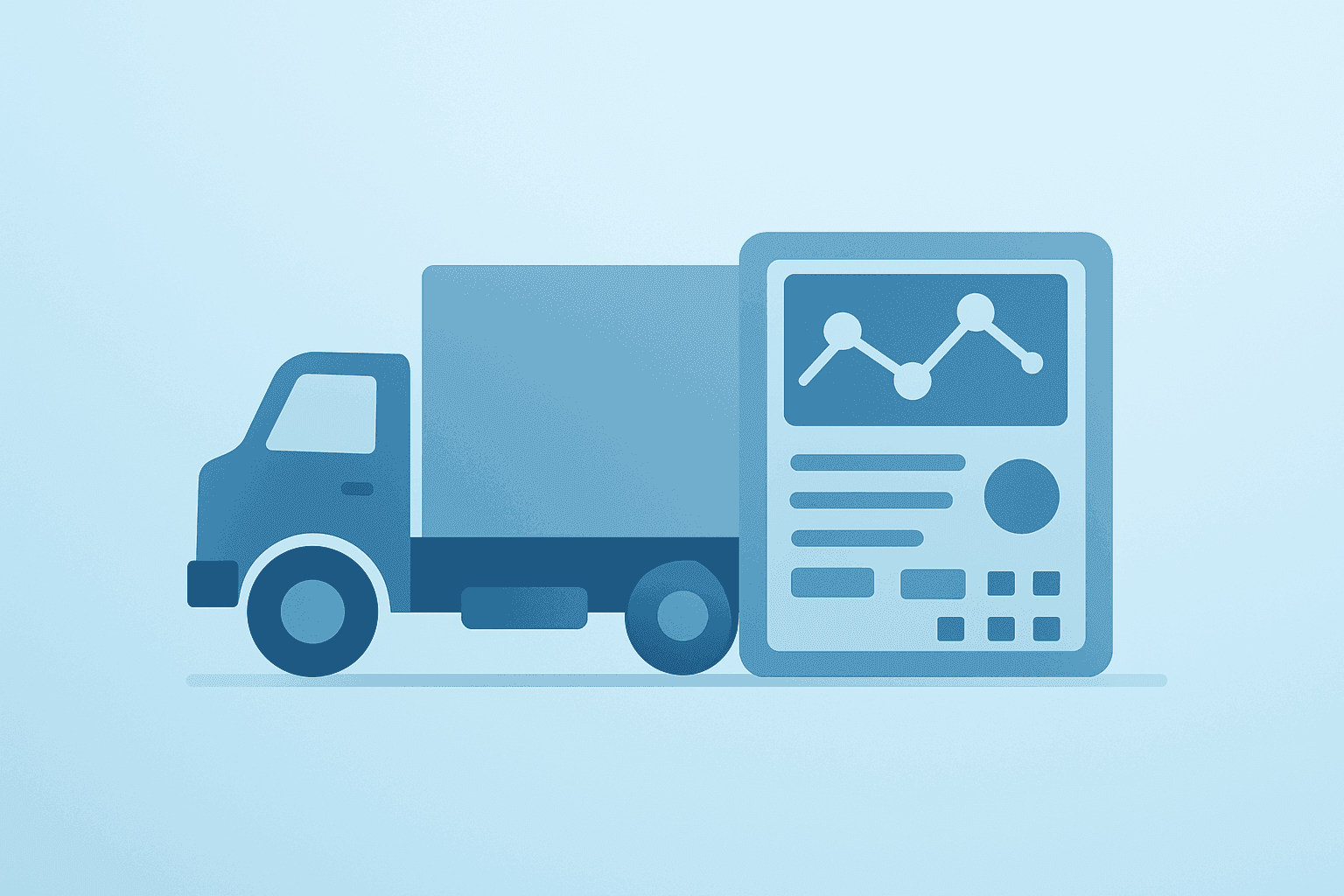 Flat filled vector of a freight trailer merging with a digital console to symbolize Amazon Supply Chain Services launch