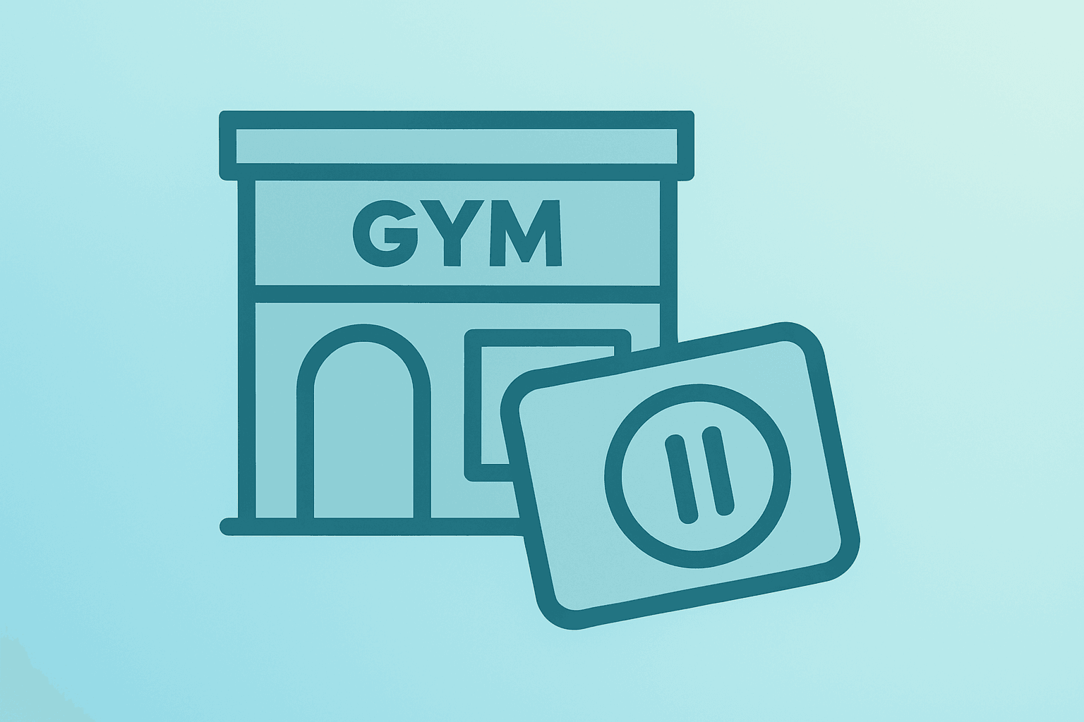 Flat filled vector of a gym storefront with a paused membership card motif for Planet Fitness Q1 results and guidance cut.