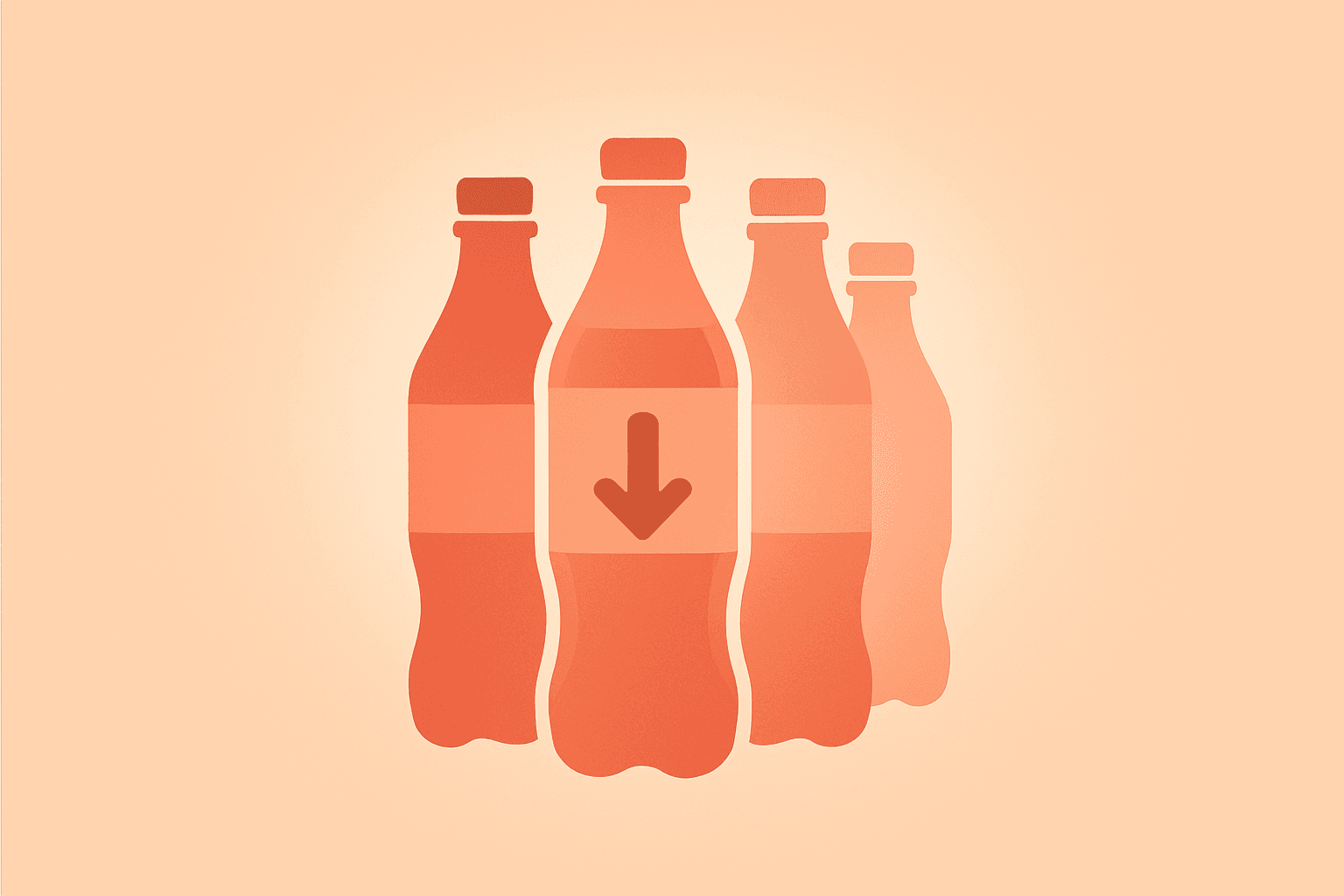 Centered flat vector soda bottle cluster with dimming glow evoking Coca-Cola Q4 2025 earnings miss and BODYARMOR impairment.