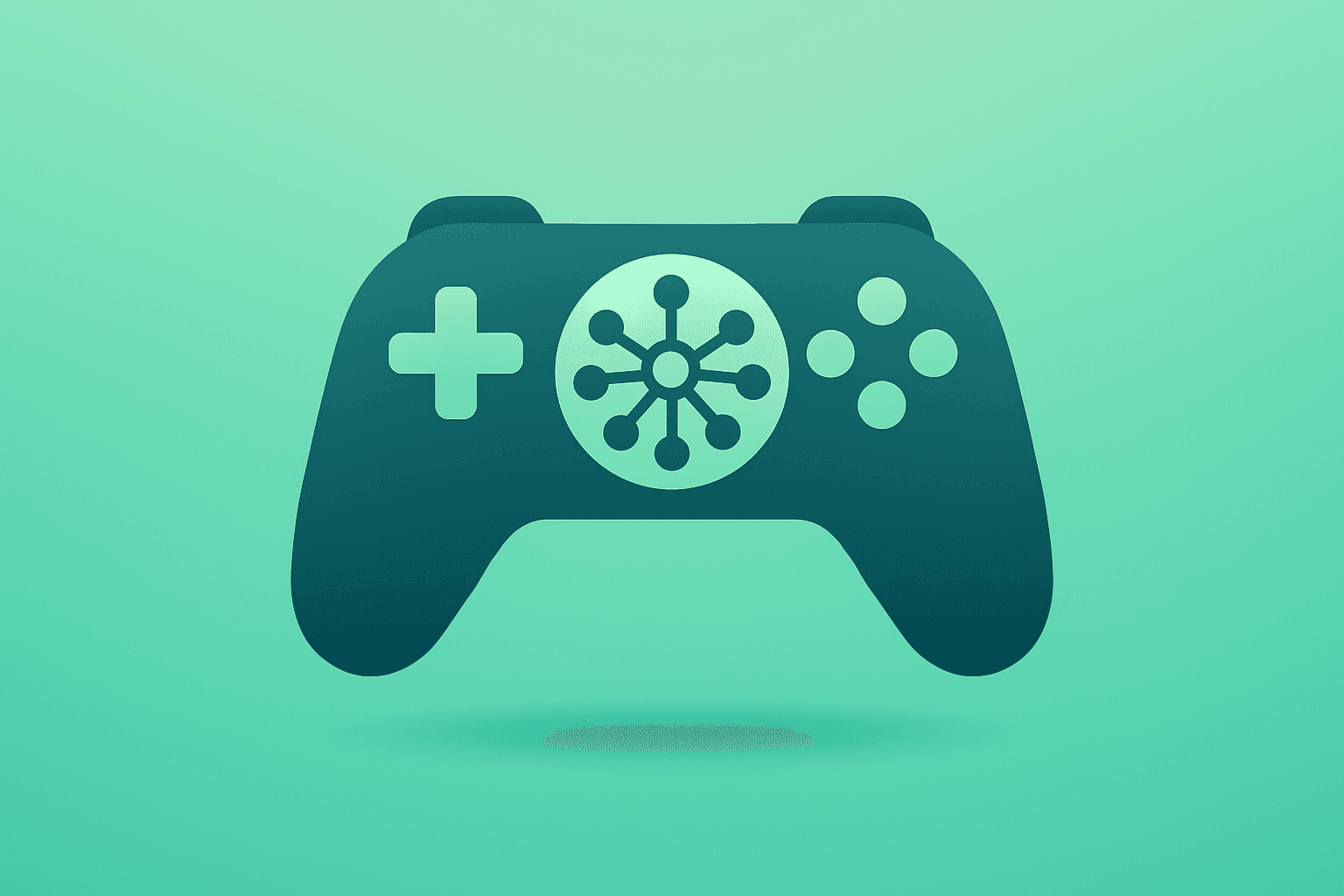 Flat-vector game controller with neural core symbolizing AI-driven advertising and gaming for Tencent Q3 2025 results.