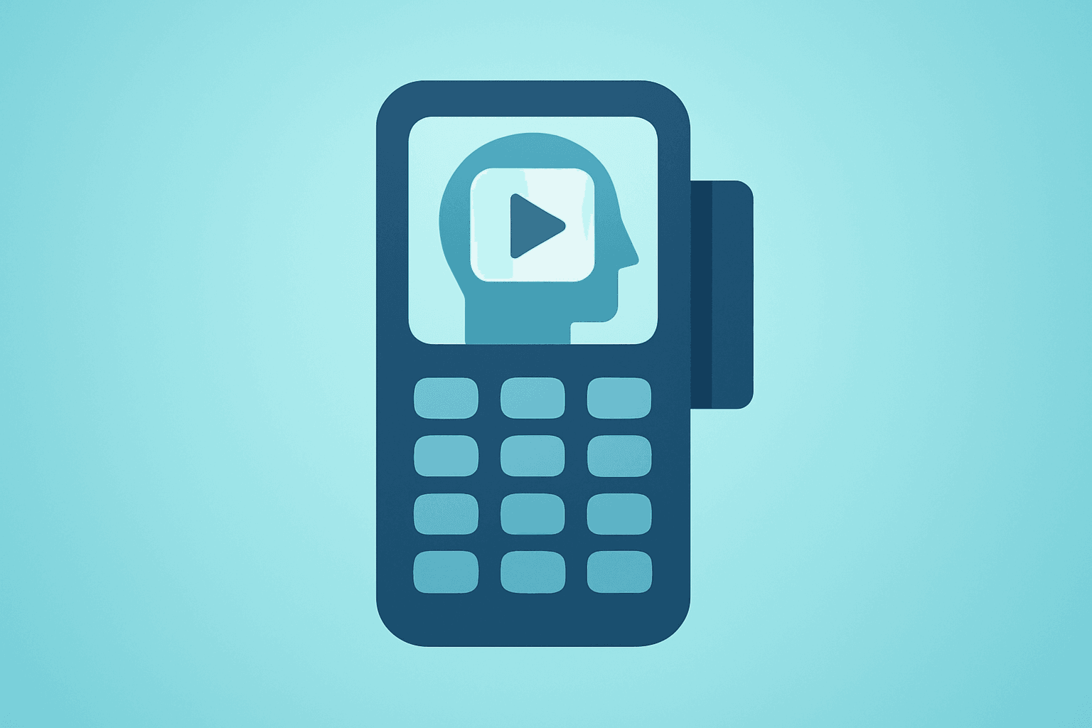 Flat vector of a payment terminal merged with a media module evoking Meta Muse Shopify integration and checkout focus.