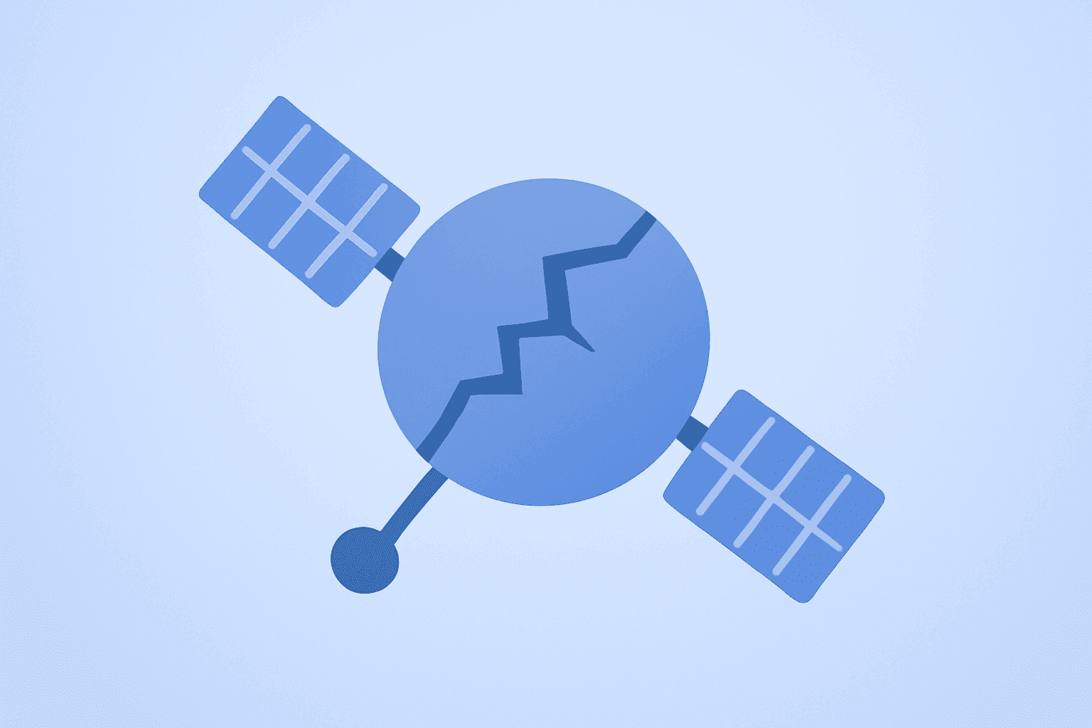 Flat centered vector of a satellite with fractured shell symbolizing SPCX stock retreat to $135 IPO, light gradient backdrop