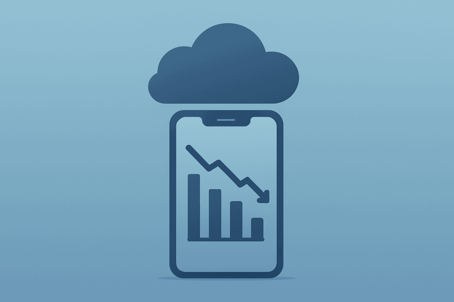 Flat filled vector of a mobile ad server dimming under clouded light to symbolize AppLovin Q2 earnings revenue miss.