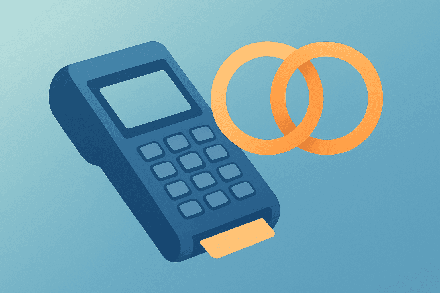 Flat-vector payment terminal with cracked shield, evoking PayPal takeover financing and regulatory uncertainty.