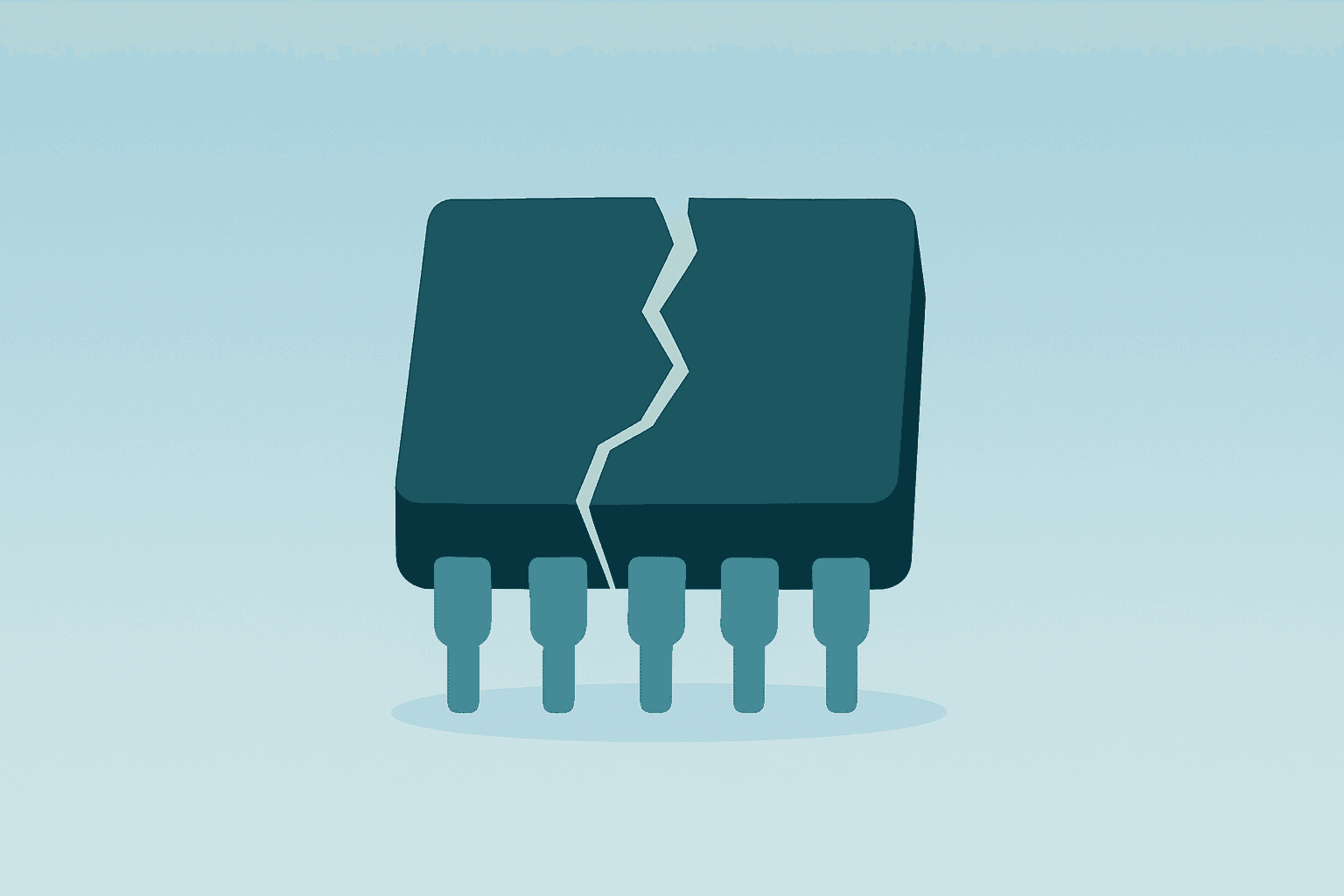 Flat-vector memory chip with a fractured shell and a folded contract, symbolizing Micron stock pullback and AI memory demand.