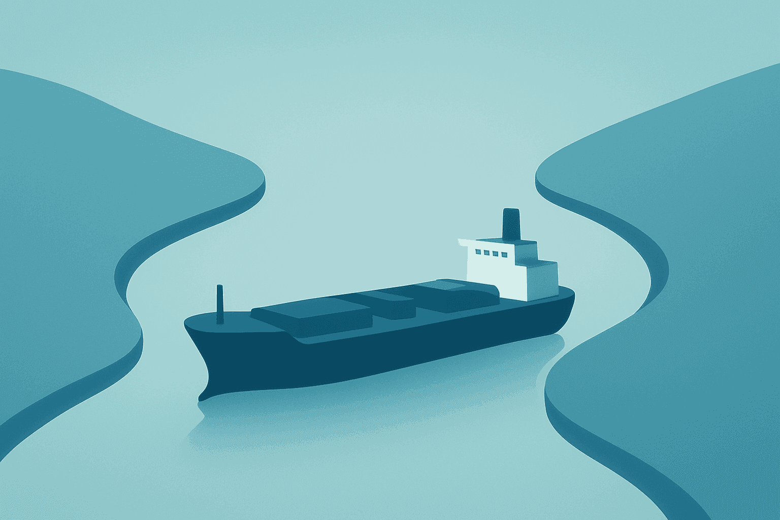 Flat filled vector of an oil tanker wedged in a narrowed channel to symbolize Strait of Hormuz reopening uncertainty