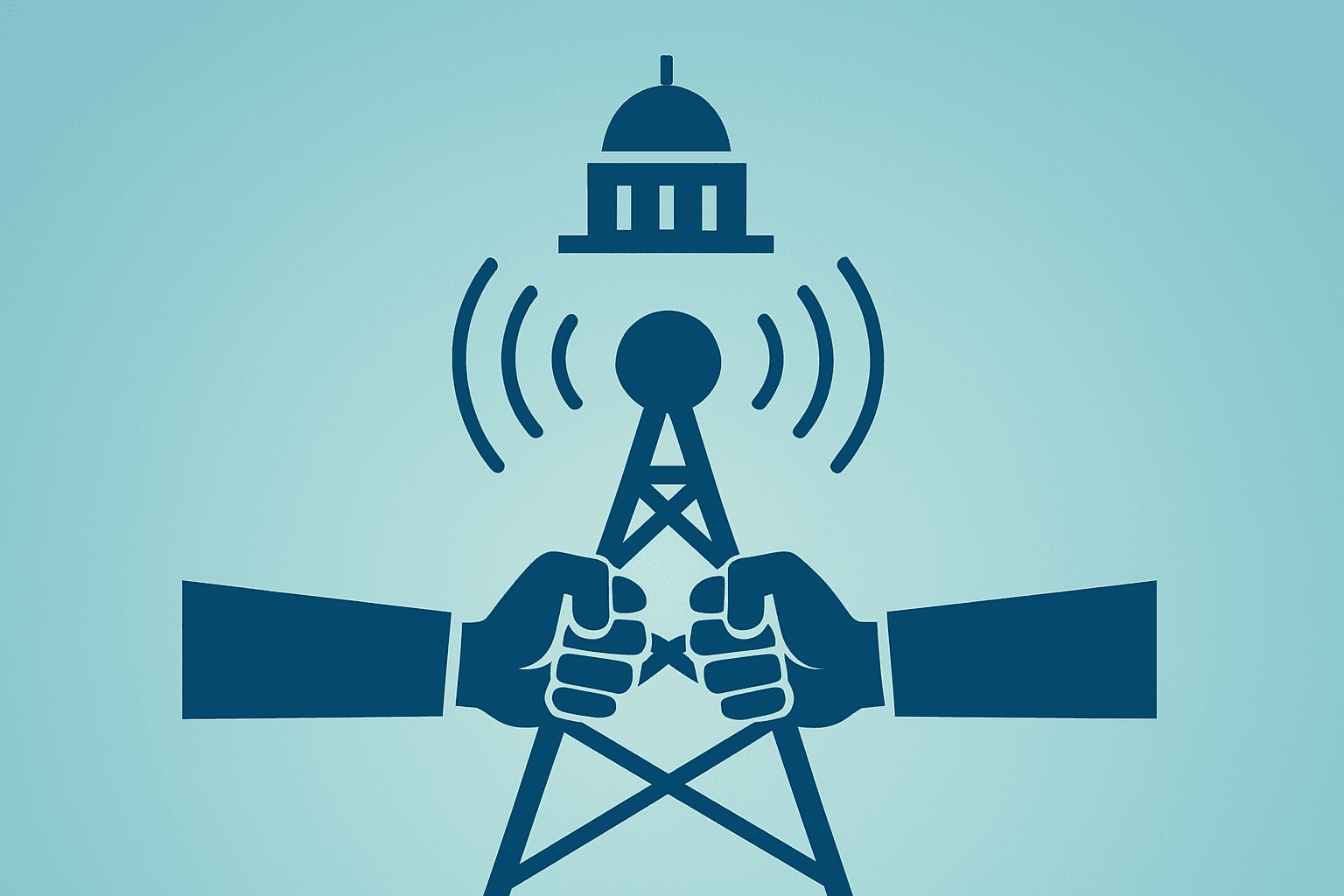 Flat filled vector of a dimmed broadcast tower symbolizing the Warner Bros. Discovery CNN sale and regulatory strain.