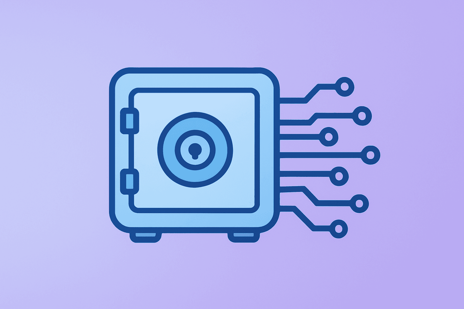 Flat filled vector of a secure data vault with circuit lines symbolizing Palantir stock re-rating after Q4 results.