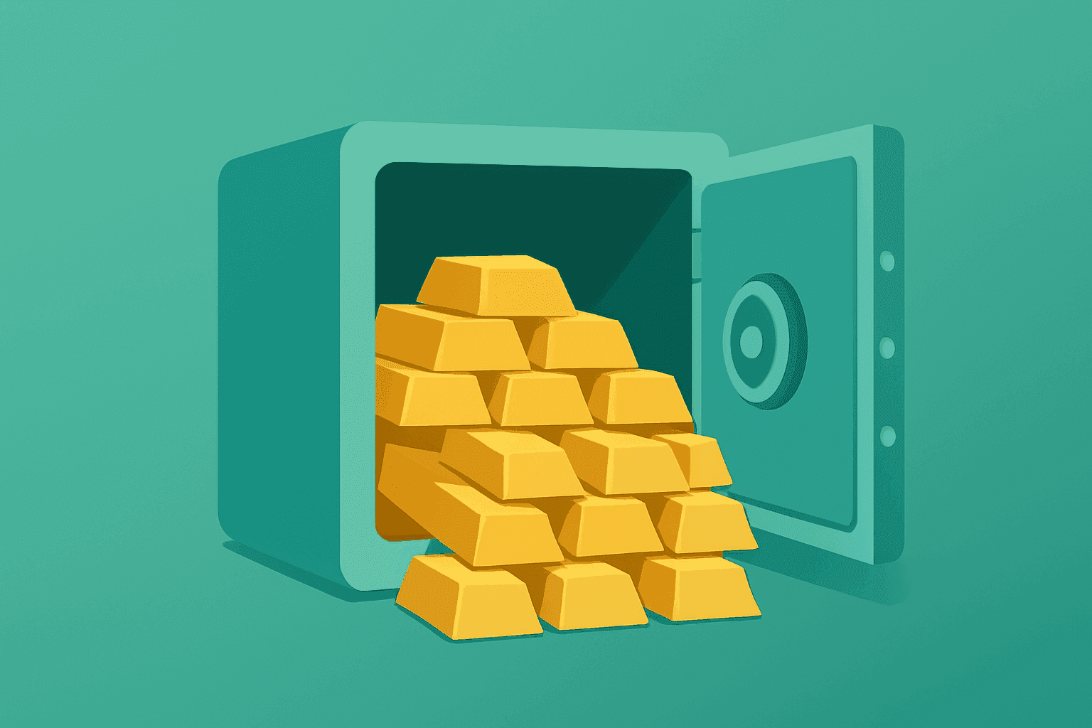 Flat vector vault overflowing with gold bars representing Newmont Q2 2026 results and record free cash flow.