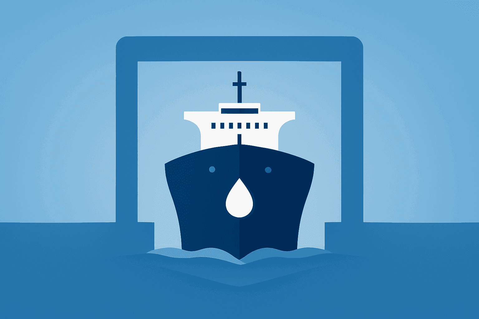 Flat vector of an oil tanker bow breaching a strait gate to symbolize Hormuz Blockade Oil Surge pressuring Gulf flows.